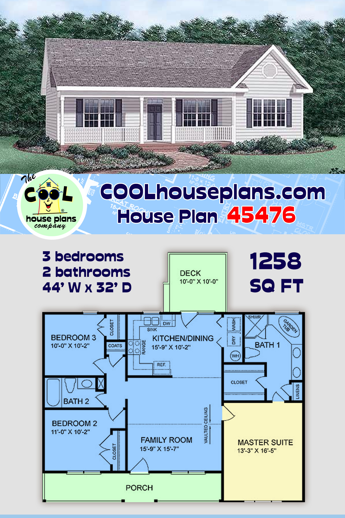 Country, Ranch, Traditional House Plan 45476 with 3 Beds, 2 Baths