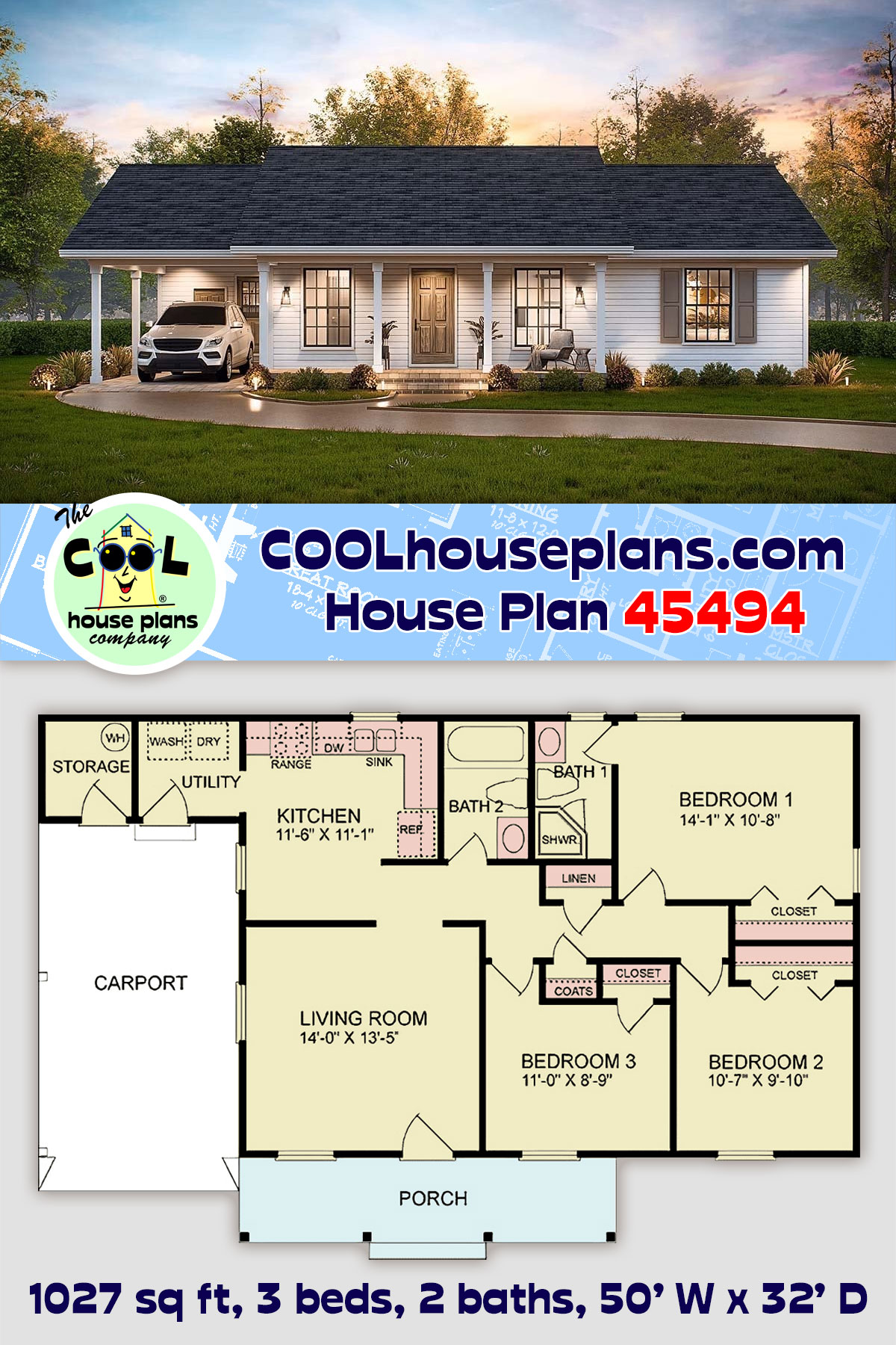 Ranch House Plan 45494 with 3 Beds, 2 Baths, 1 Car Garage