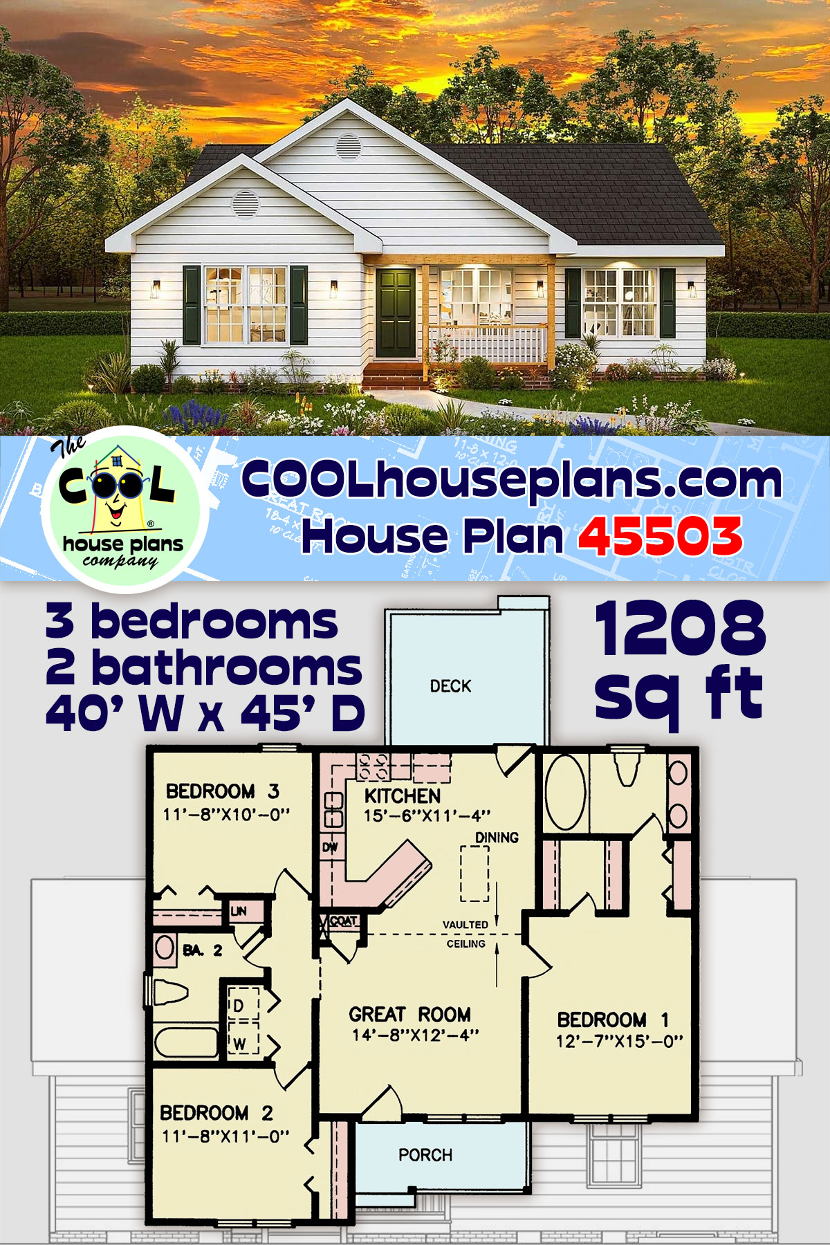 Narrow Lot, Traditional House Plan 45503 with 3 Beds, 2 Baths