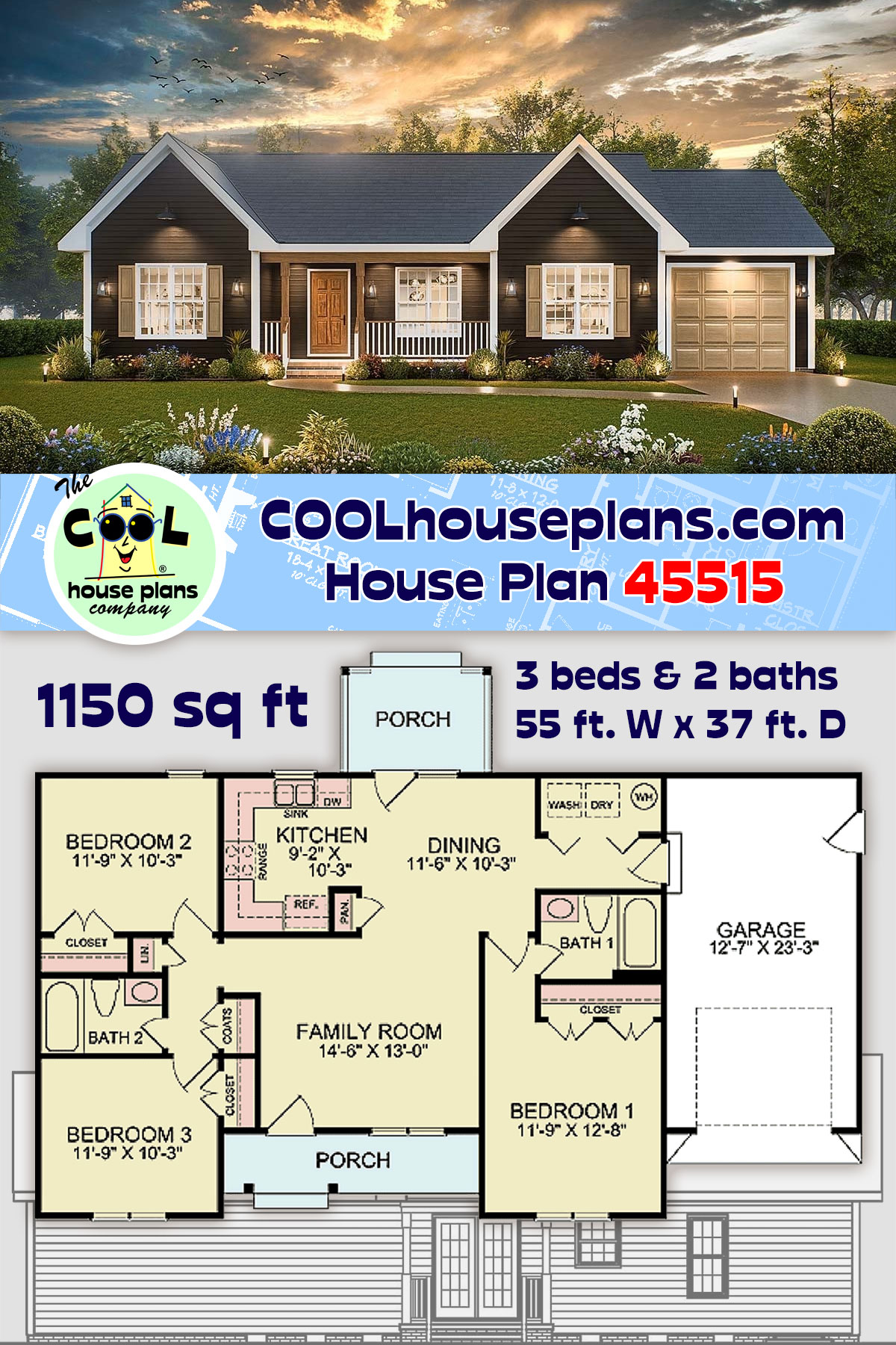 Country, Ranch, Traditional House Plan 45515 with 3 Beds, 2 Baths, 1 Car Garage