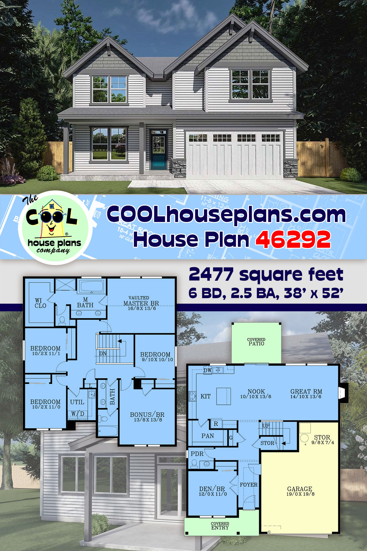 Country, Craftsman, Traditional House Plan 46292 with 6 Beds, 3 Baths, 2 Car Garage