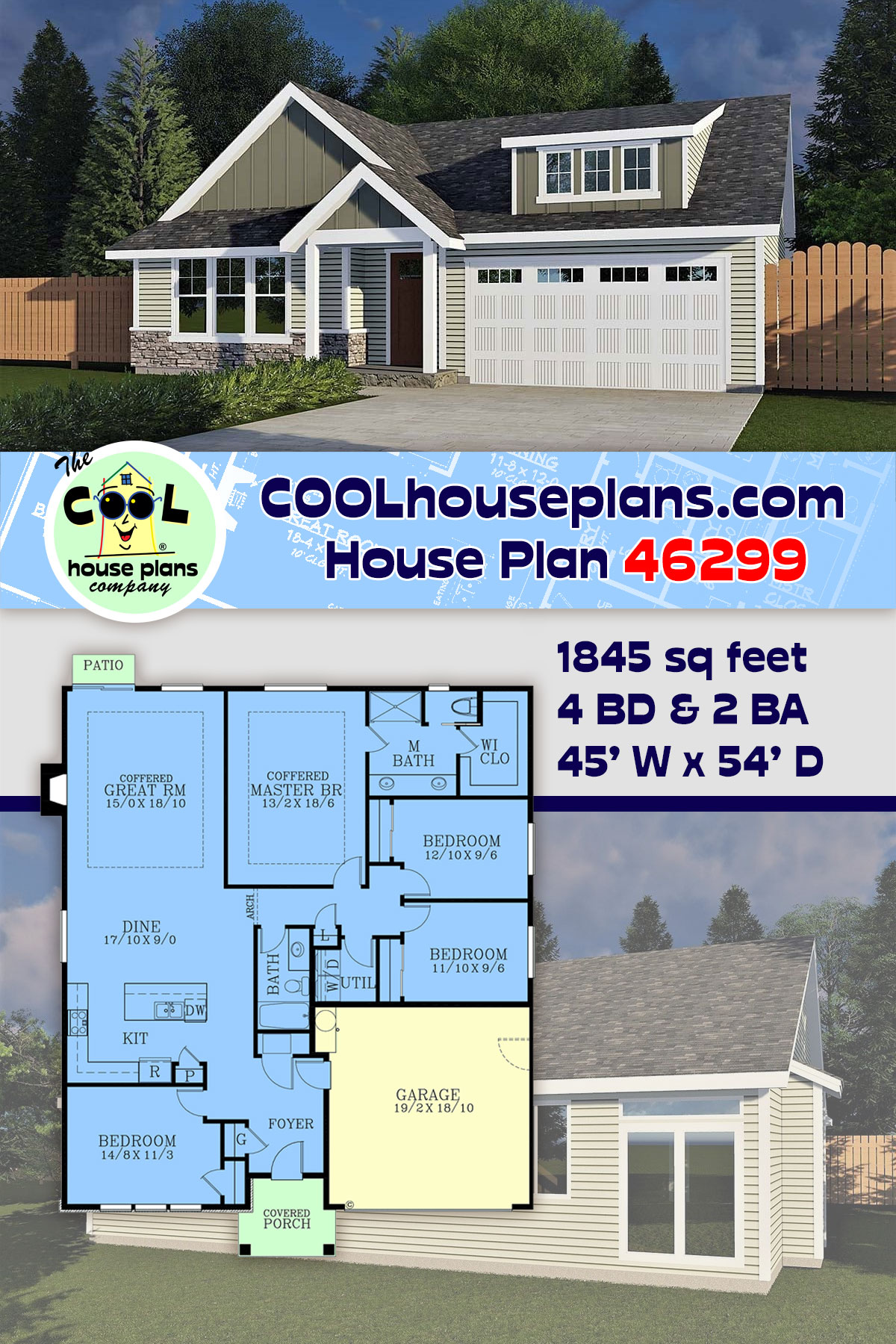 Cape Cod, Cottage, Country, Craftsman, Ranch House Plan 46299 with 4 Beds, 2 Baths, 2 Car Garage