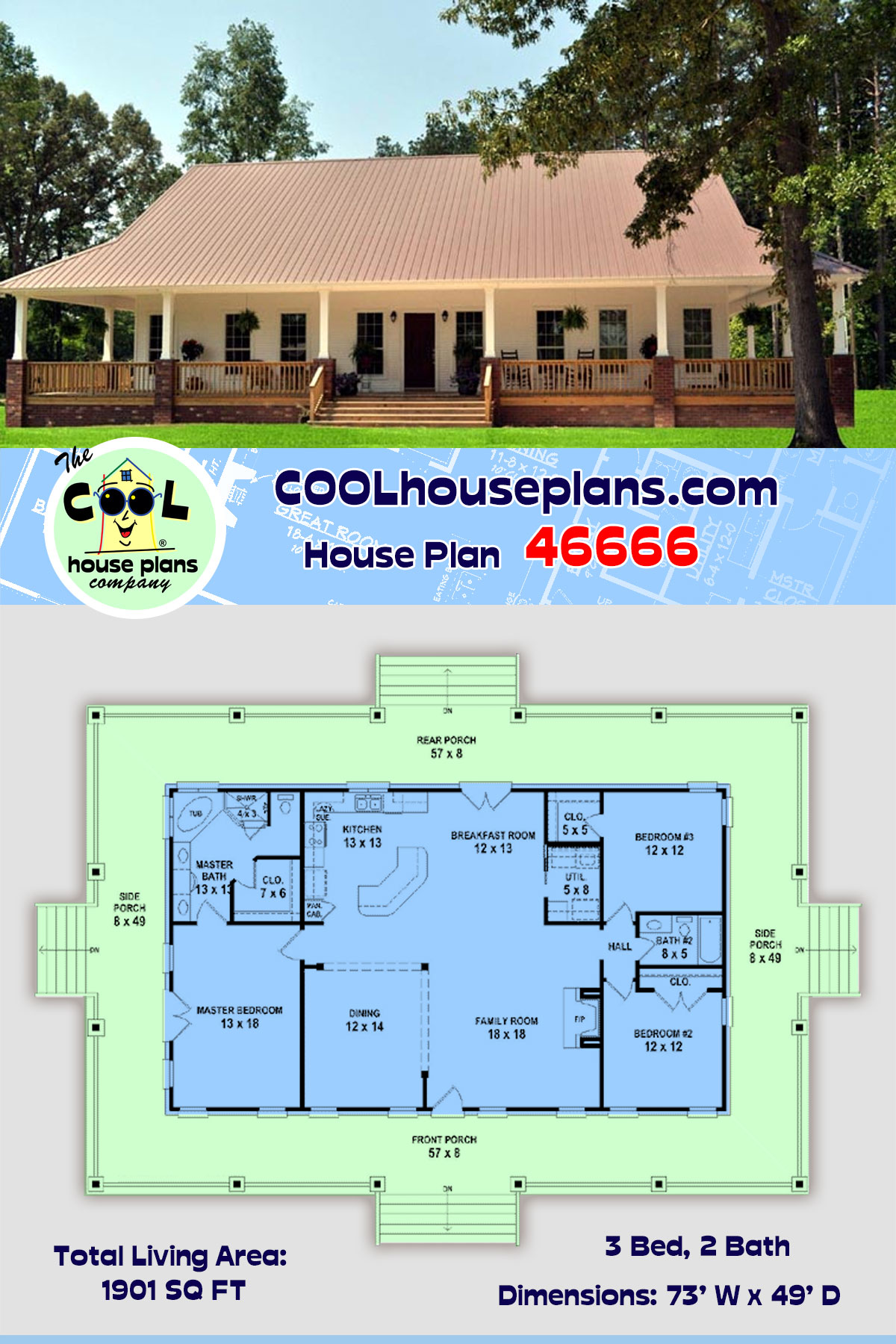 Country, Southern House Plan 46666 with 3 Beds, 2 Baths