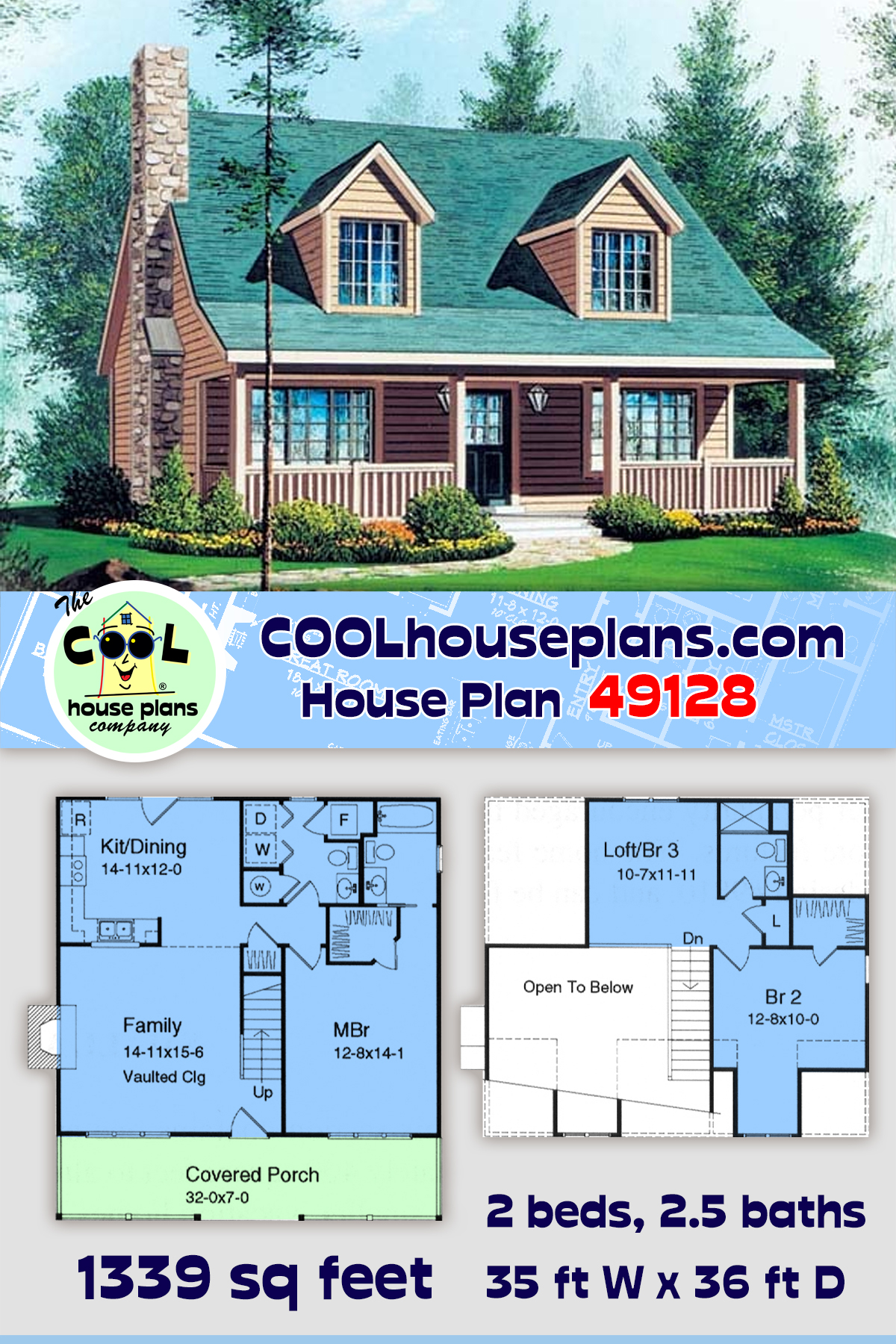 Cabin, Cape Cod, Country House Plan 49128 with 2 Beds, 3 Baths
