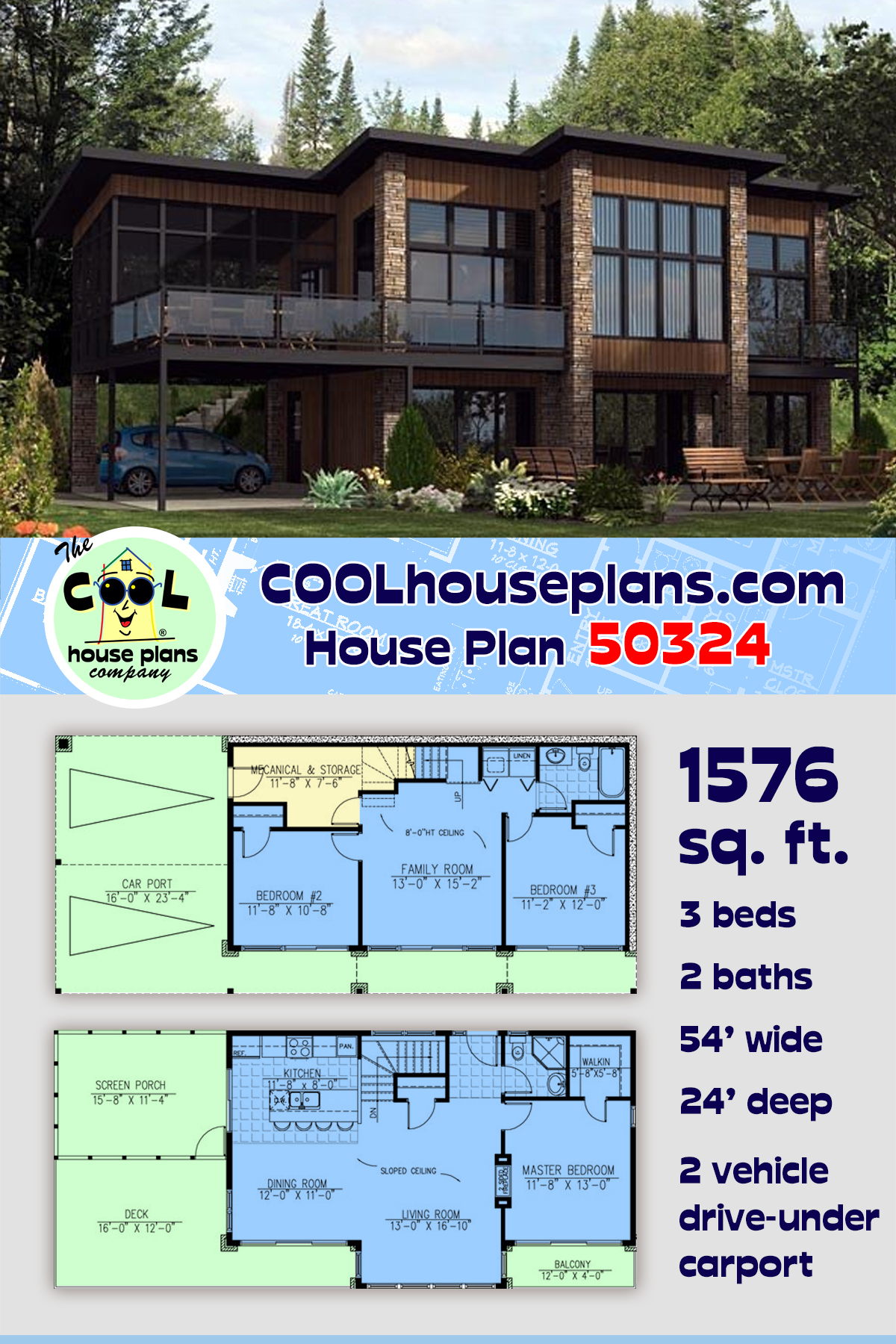 Contemporary, Modern House Plan 50324 with 3 Beds, 2 Baths, 2 Car Garage