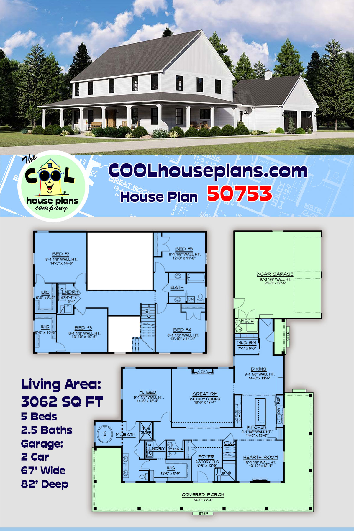 Country, Farmhouse, Southern, Traditional House Plan 50753 with 5 Beds, 3 Baths, 2 Car Garage