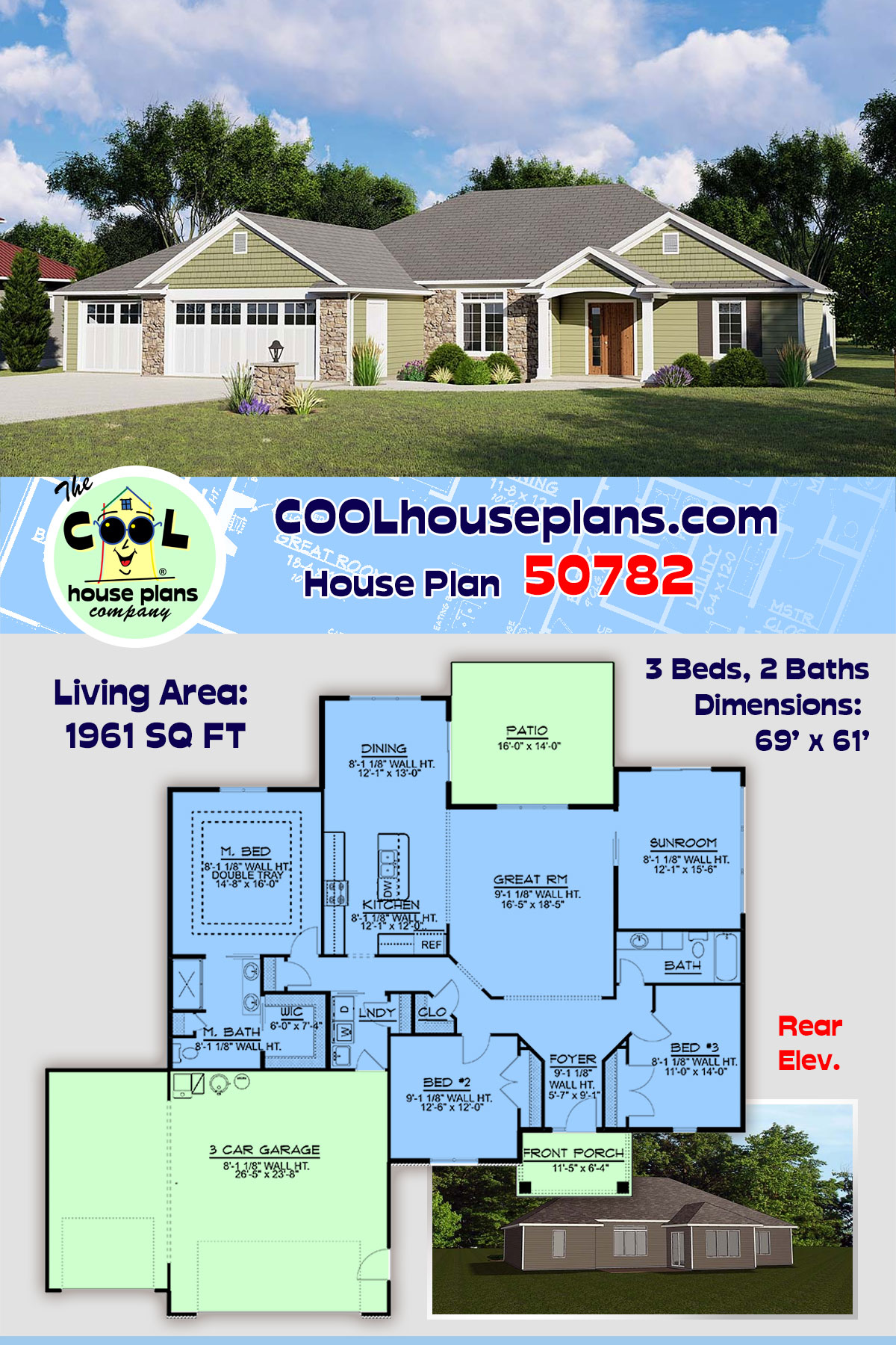 Ranch House Plan 50782 with 3 Beds, 2 Baths, 3 Car Garage