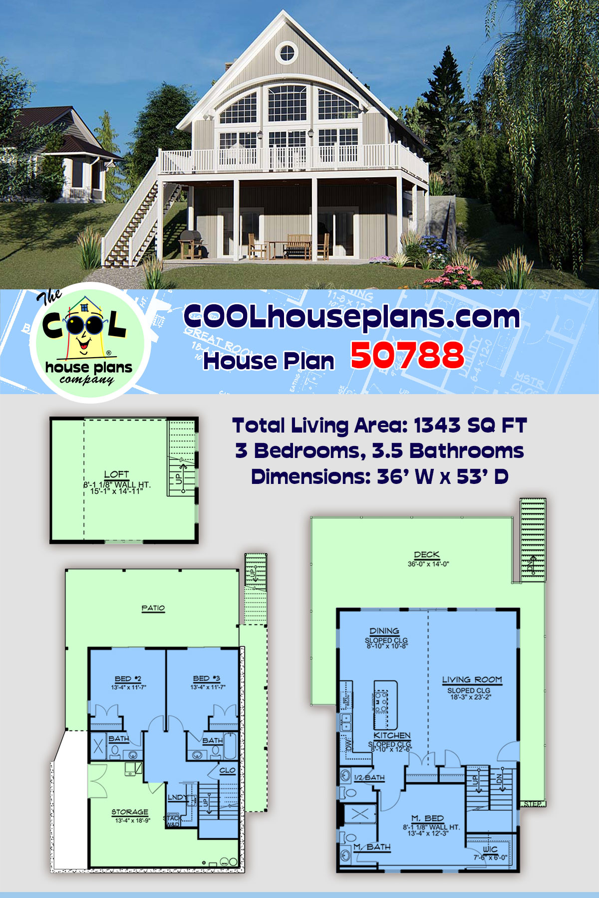 Cabin, Coastal House Plan 50788 with 3 Beds, 4 Baths
