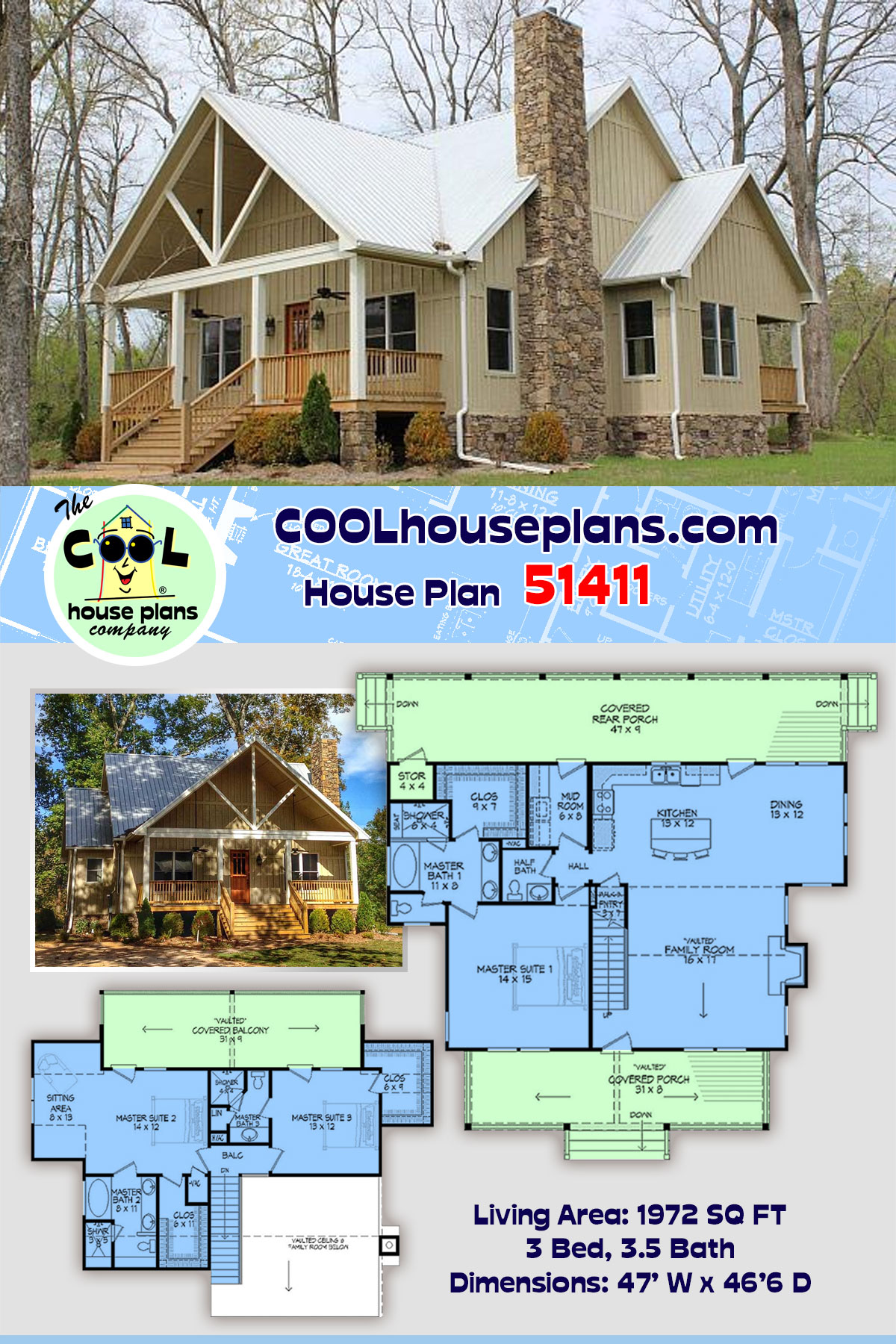 Cabin, Country, Farmhouse House Plan 51411 with 3 Beds, 4 Baths