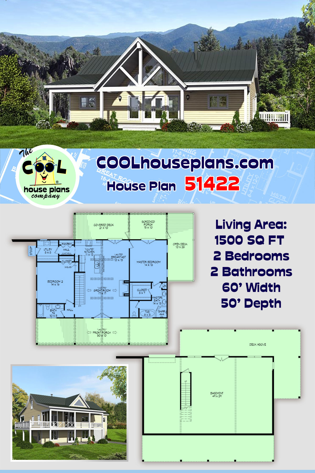 Country, Craftsman, Ranch, Traditional House Plan 51422 with 2 Beds, 2 Baths