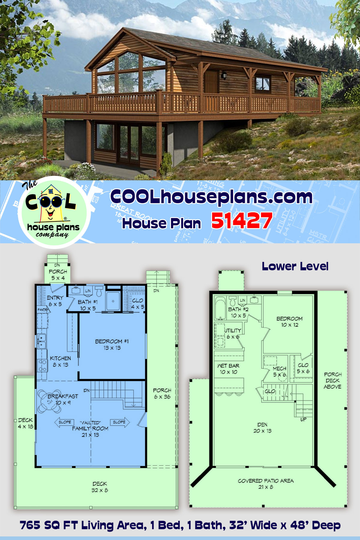 Cabin, Contemporary, Country House Plan 51427 with 1 Beds, 1 Baths
