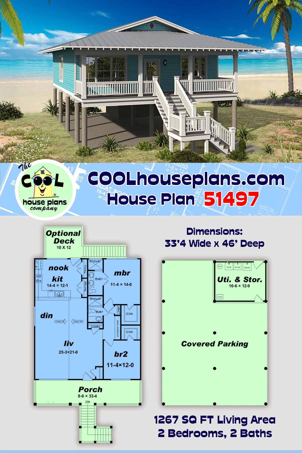 Coastal, Country, Southern House Plan 51497 with 2 Beds, 2 Baths, 3 Car Garage