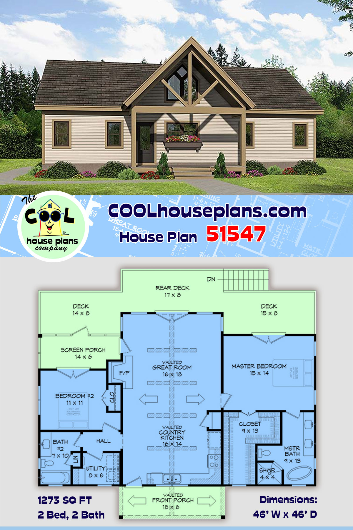 Cabin, Contemporary, Southern, Traditional House Plan 51547 with 2 Beds, 2 Baths