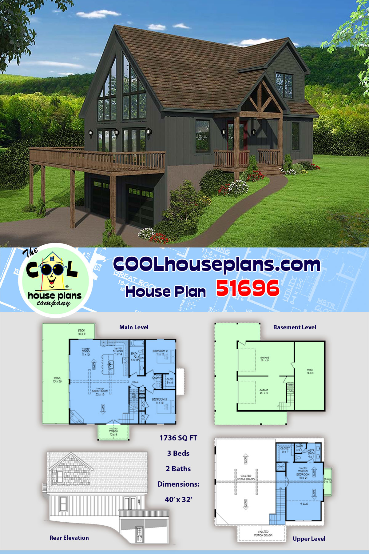 Contemporary, Country, Craftsman House Plan 51696 with 3 Beds, 2 Baths, 2 Car Garage
