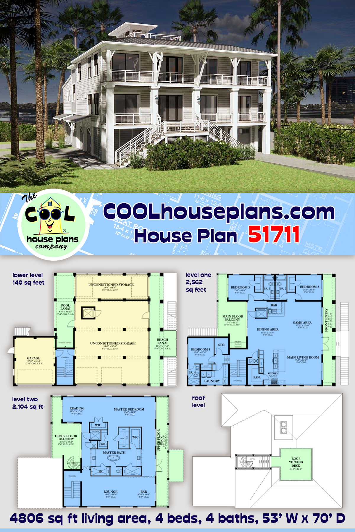 Coastal, Colonial, Contemporary House Plan 51711 with 4 Beds, 4 Baths, 2 Car Garage