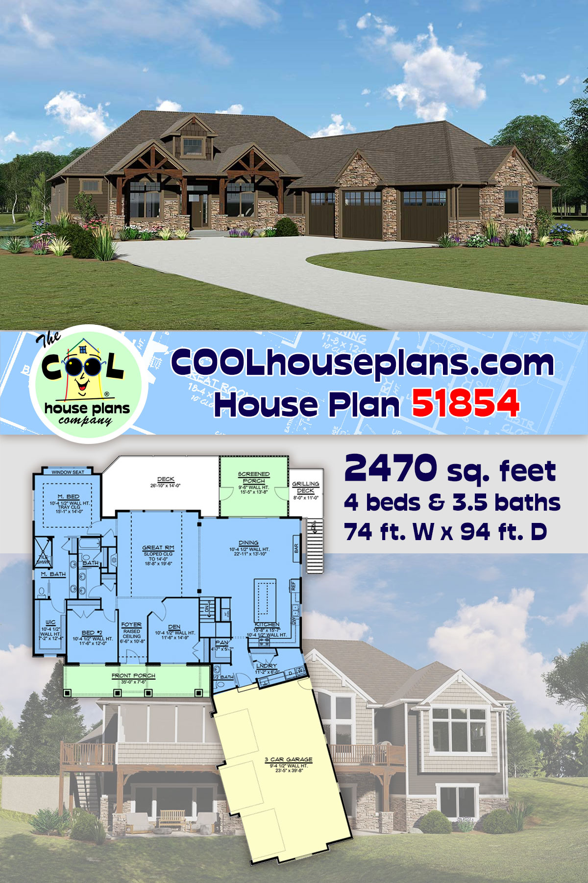 Country, Craftsman, Ranch House Plan 51854 with 4 Beds, 4 Baths, 3 Car Garage