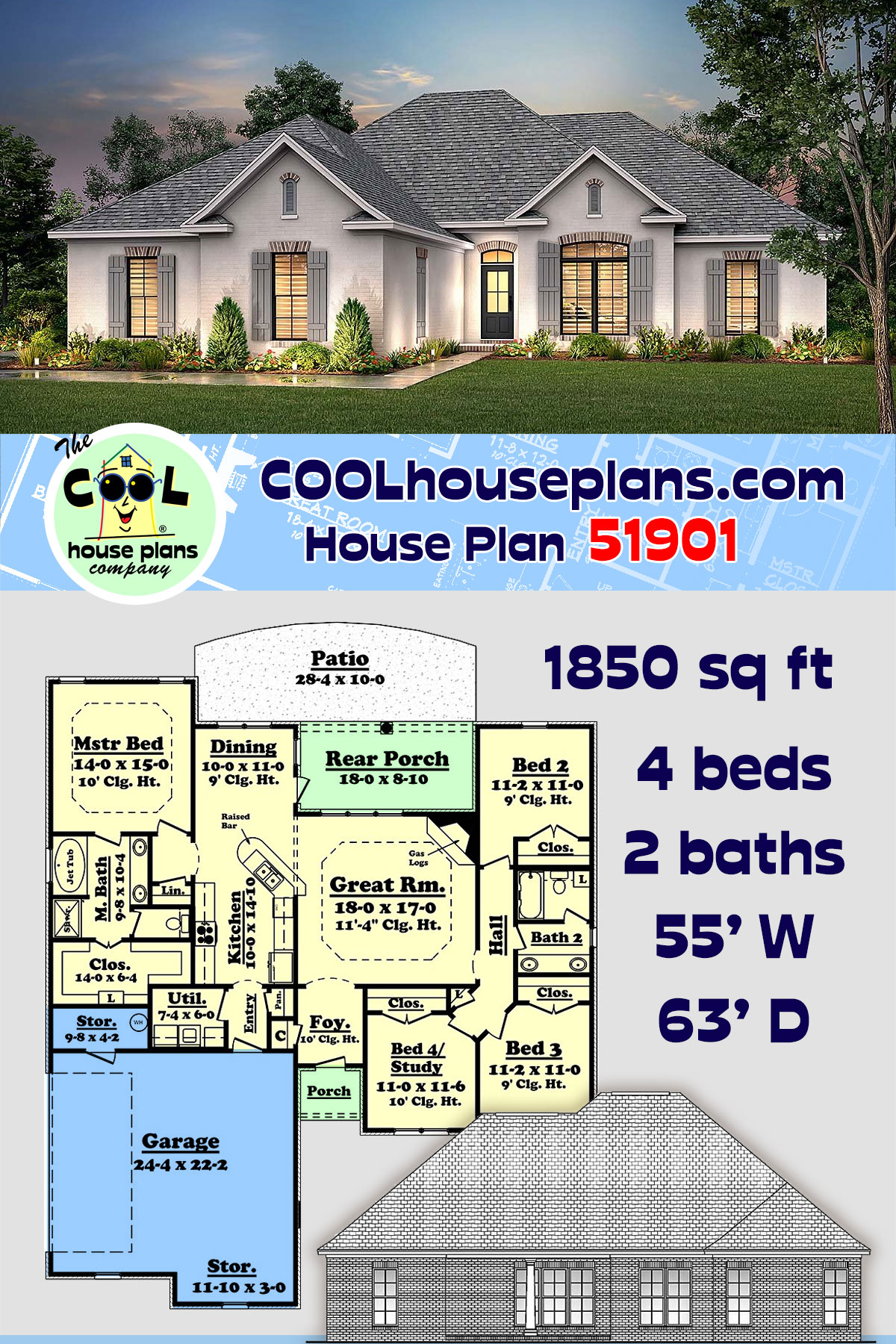 Country, European, French Country House Plan 51901 with 4 Beds, 2 Baths, 2 Car Garage