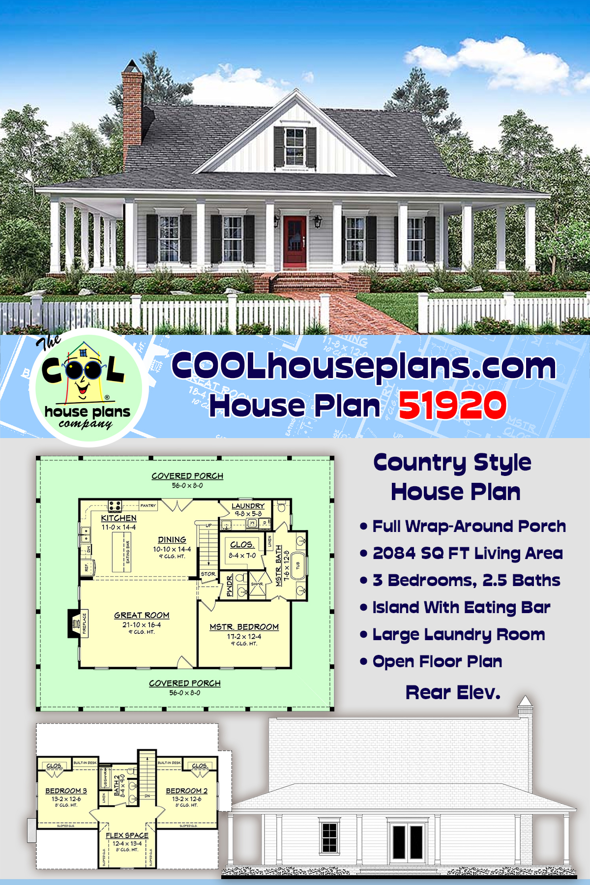 Cottage, Country, Craftsman, Southern, Traditional House Plan 51920 with 3 Beds, 3 Baths