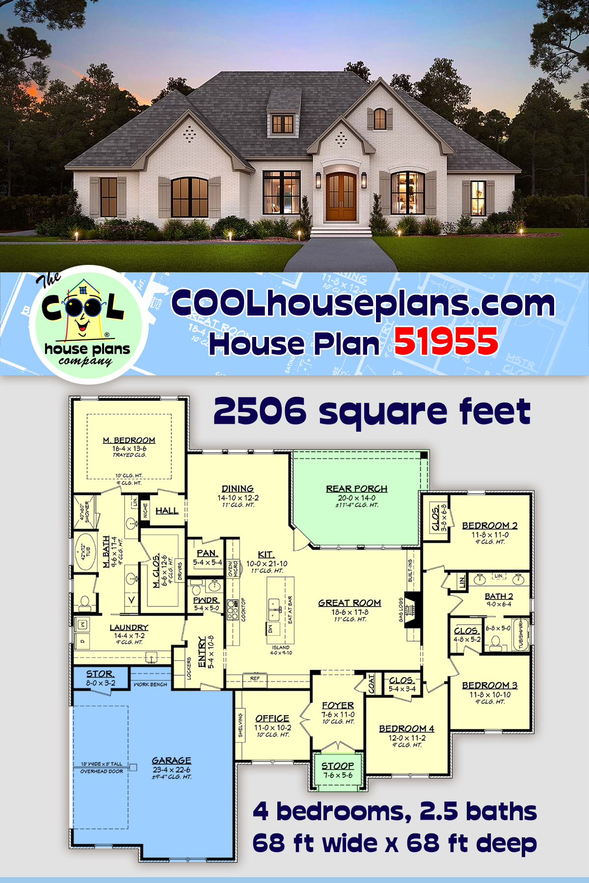 European, French Country House Plan 51955 with 4 Beds, 3 Baths, 2 Car Garage