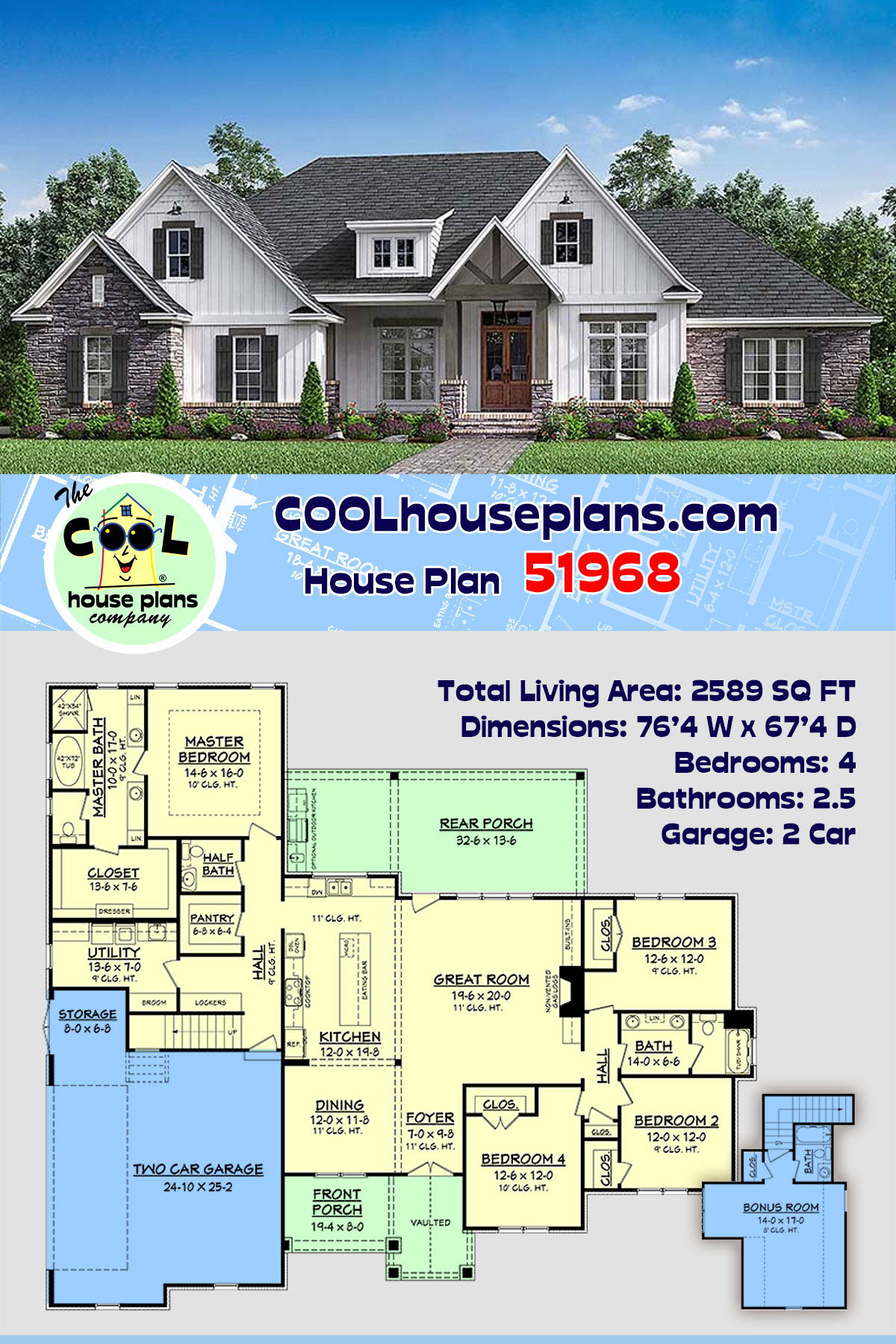 Country, Craftsman, Farmhouse, Southern, Traditional House Plan 51968 with 4 Beds, 3 Baths, 2 Car Garage