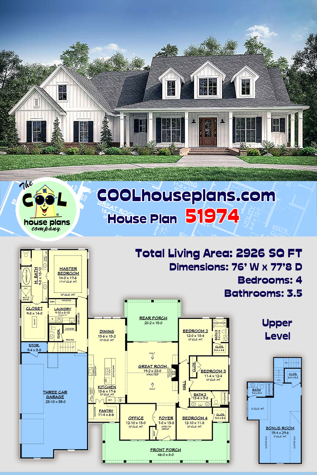 Country, Farmhouse, Southern House Plan 51974 with 4 Beds, 4 Baths, 3 Car Garage