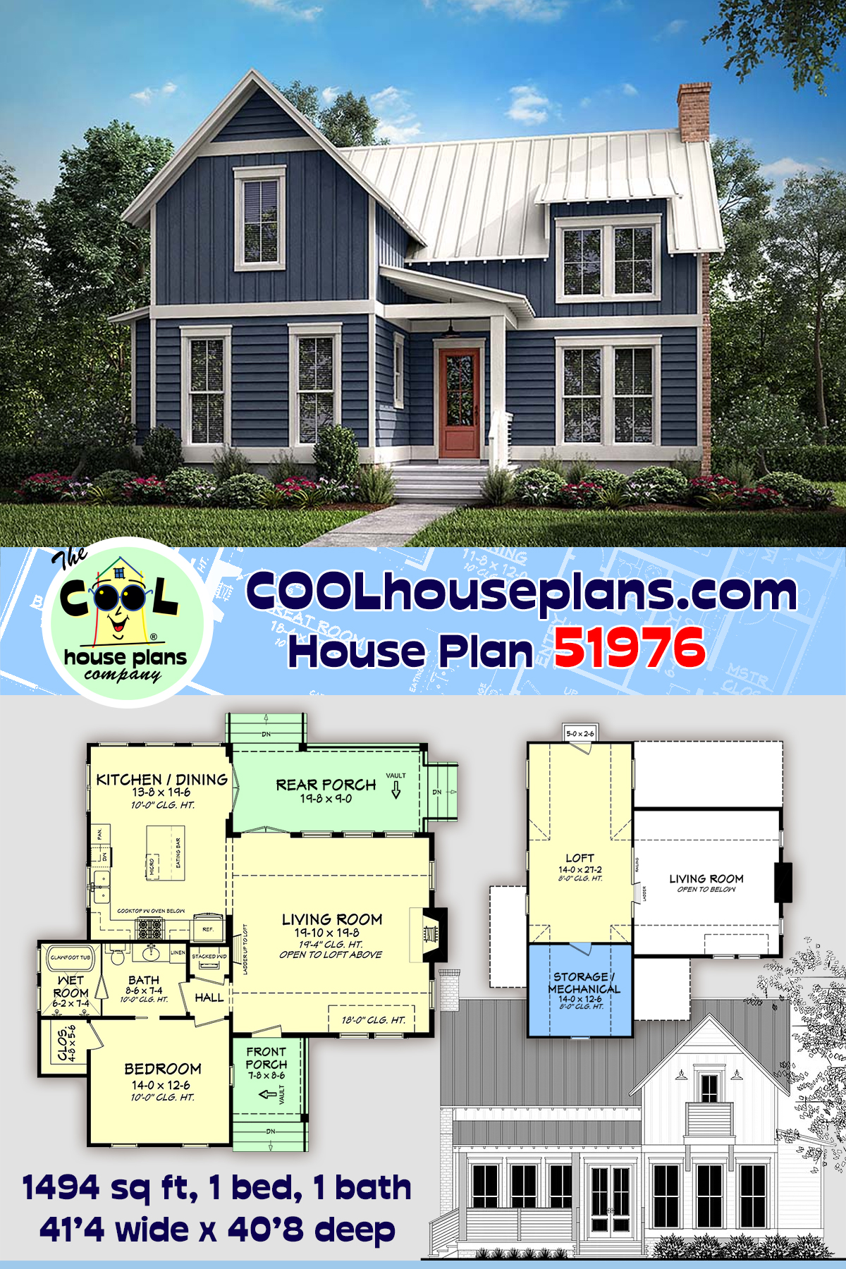 Cabin, Country, Farmhouse, Southern House Plan 51976 with 1 Beds, 1 Baths
