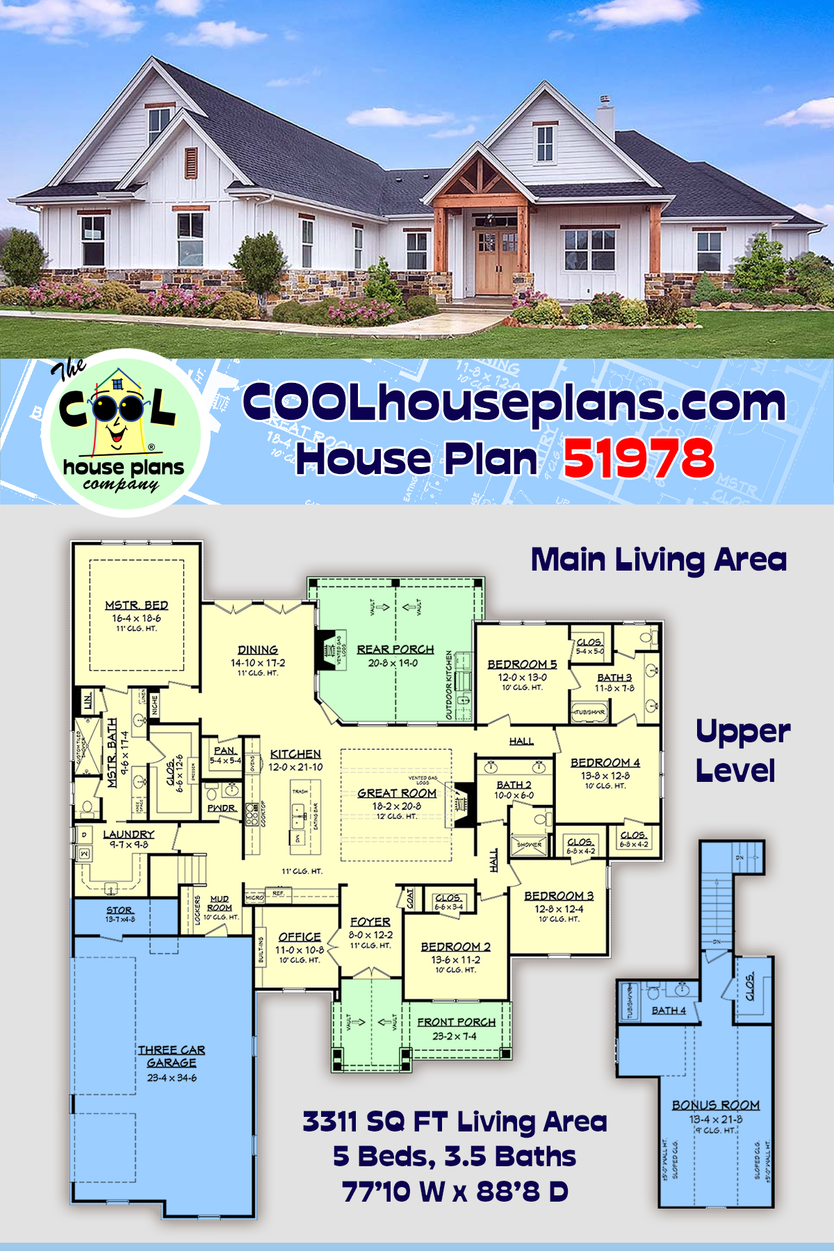 Cottage, Craftsman, Southern House Plan 51978 with 5 Beds, 4 Baths, 3 Car Garage