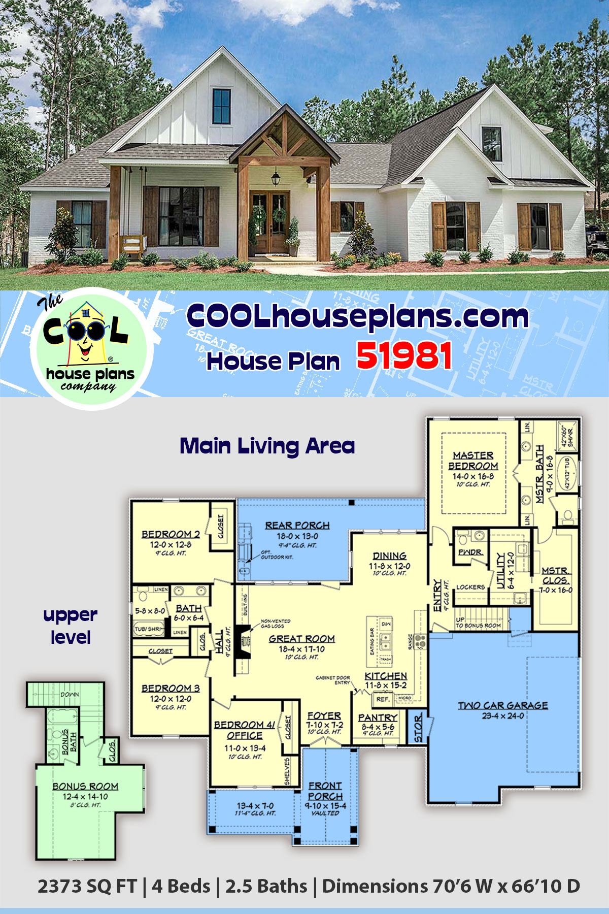 Country, Craftsman, Farmhouse, New American House Plan 51981 with 4 Beds, 3 Baths, 2 Car Garage