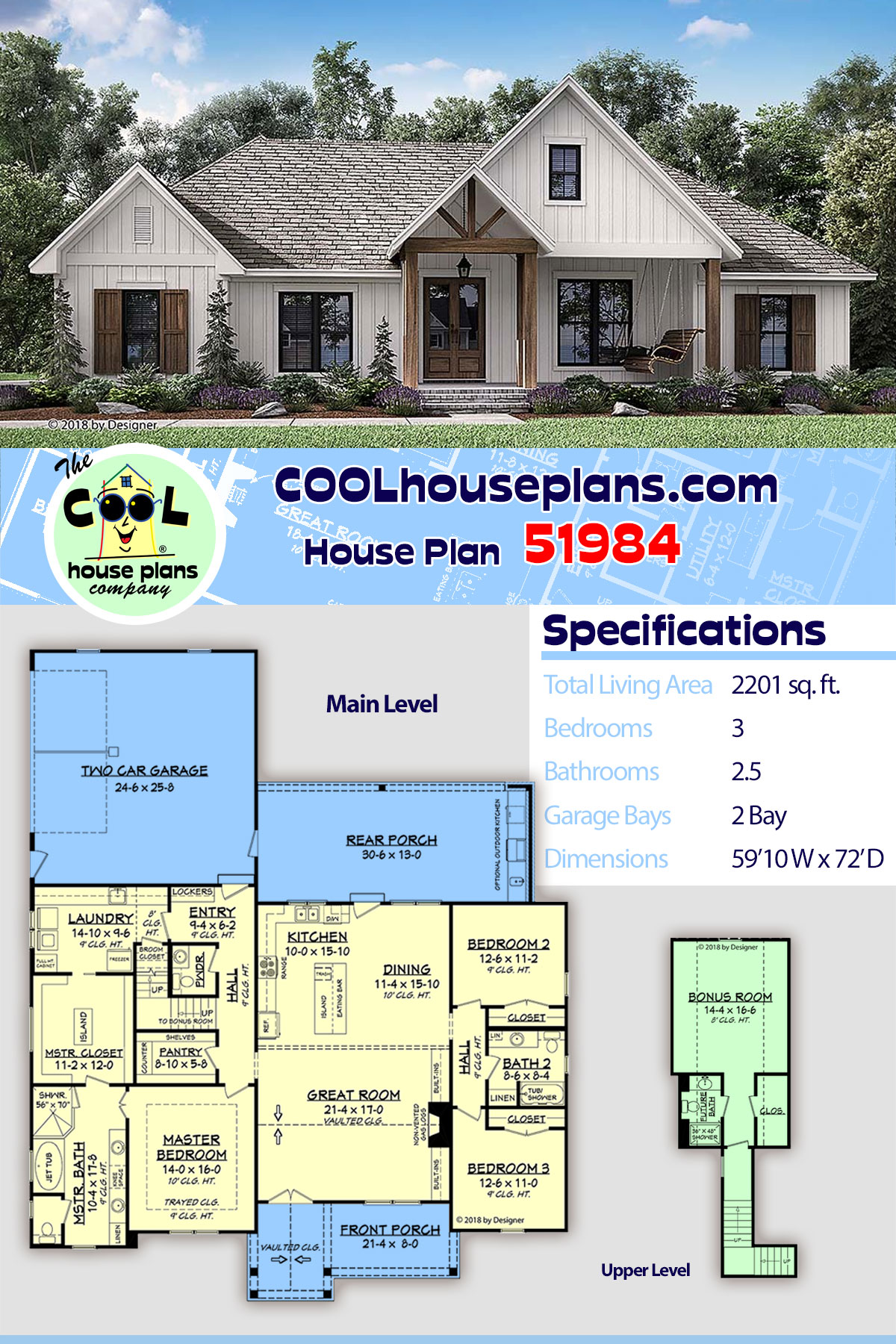Country, Farmhouse, Southern House Plan 51984 with 3 Beds, 3 Baths, 2 Car Garage