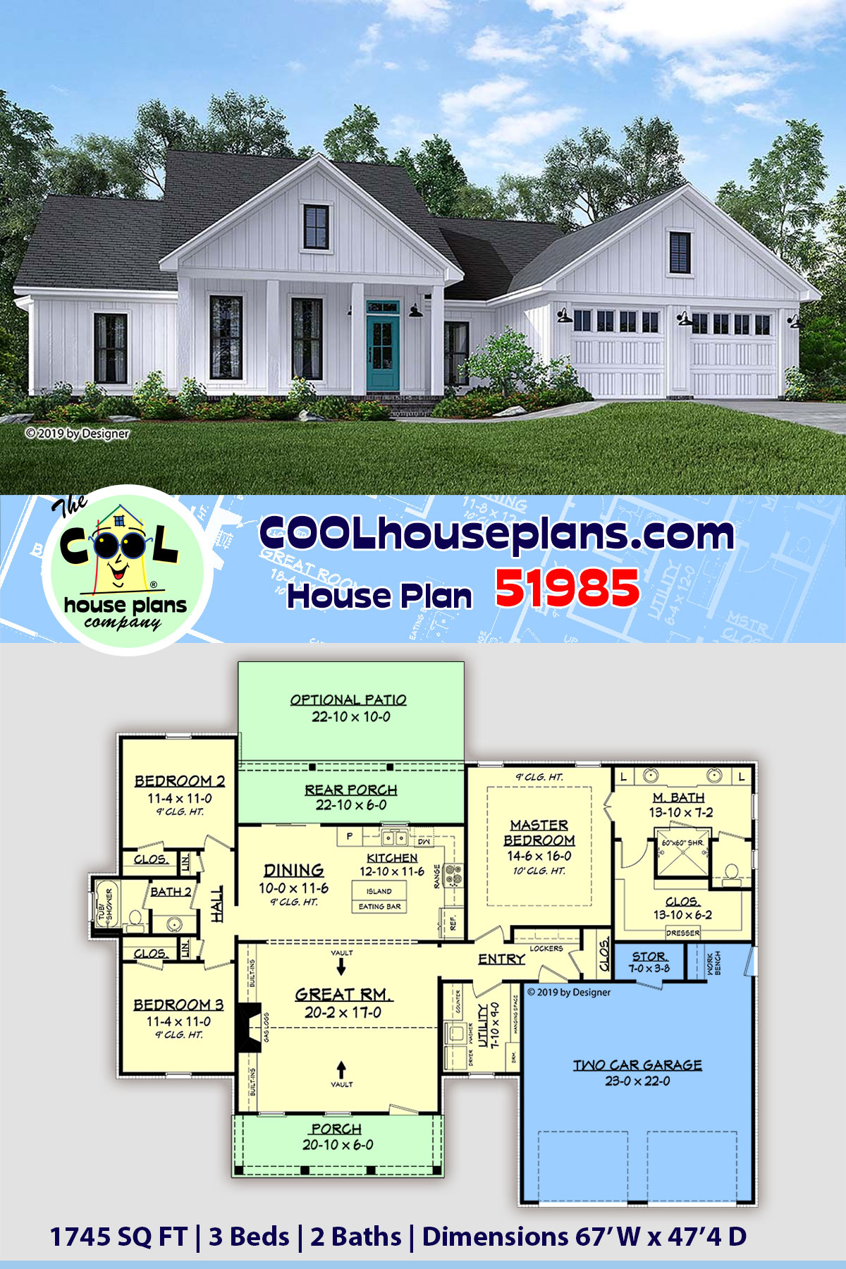 Country, Craftsman, Farmhouse, Southern House Plan 51985 with 3 Beds, 2 Baths, 2 Car Garage