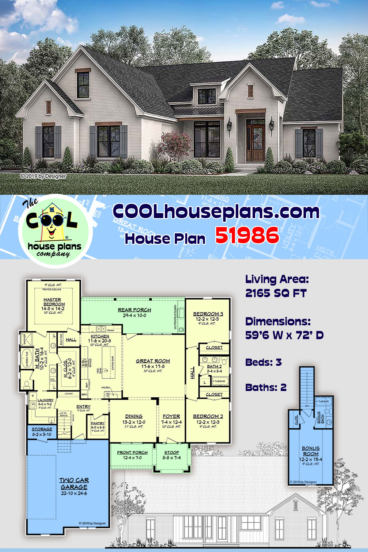 Country, European, Traditional House Plan 51986 with 3 Beds, 2 Baths, 2 Car Garage
