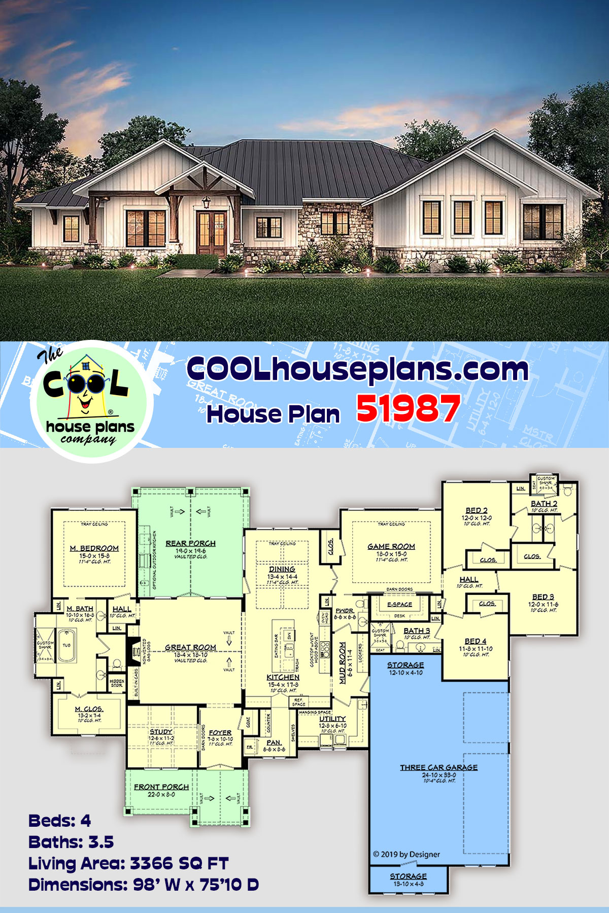 Country, Craftsman, Ranch House Plan 51987 with 4 Beds, 4 Baths, 3 Car Garage