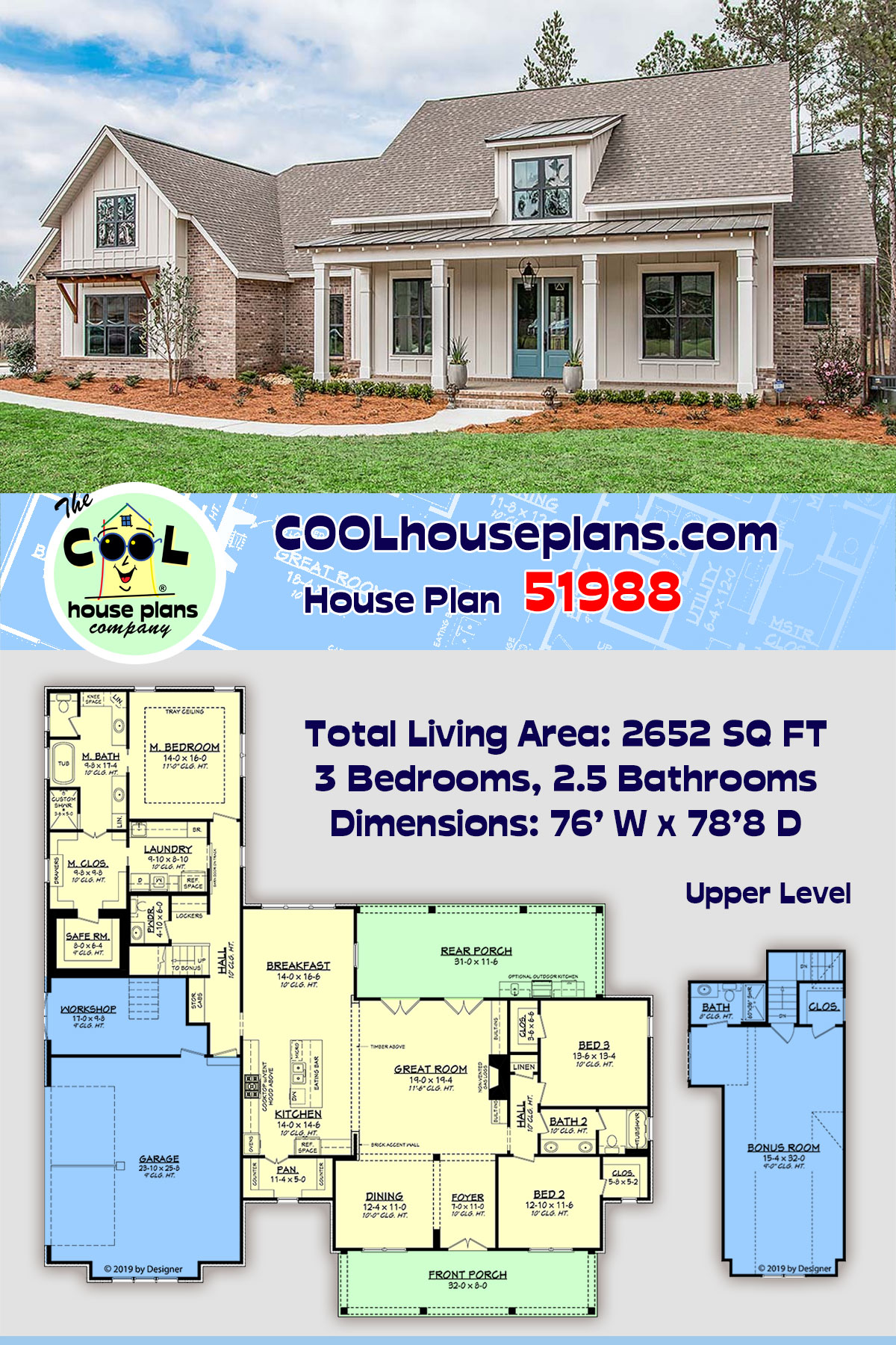 Acadian, Cottage, Country, Farmhouse, Southern House Plan 51988 with 3 Beds, 3 Baths, 2 Car Garage