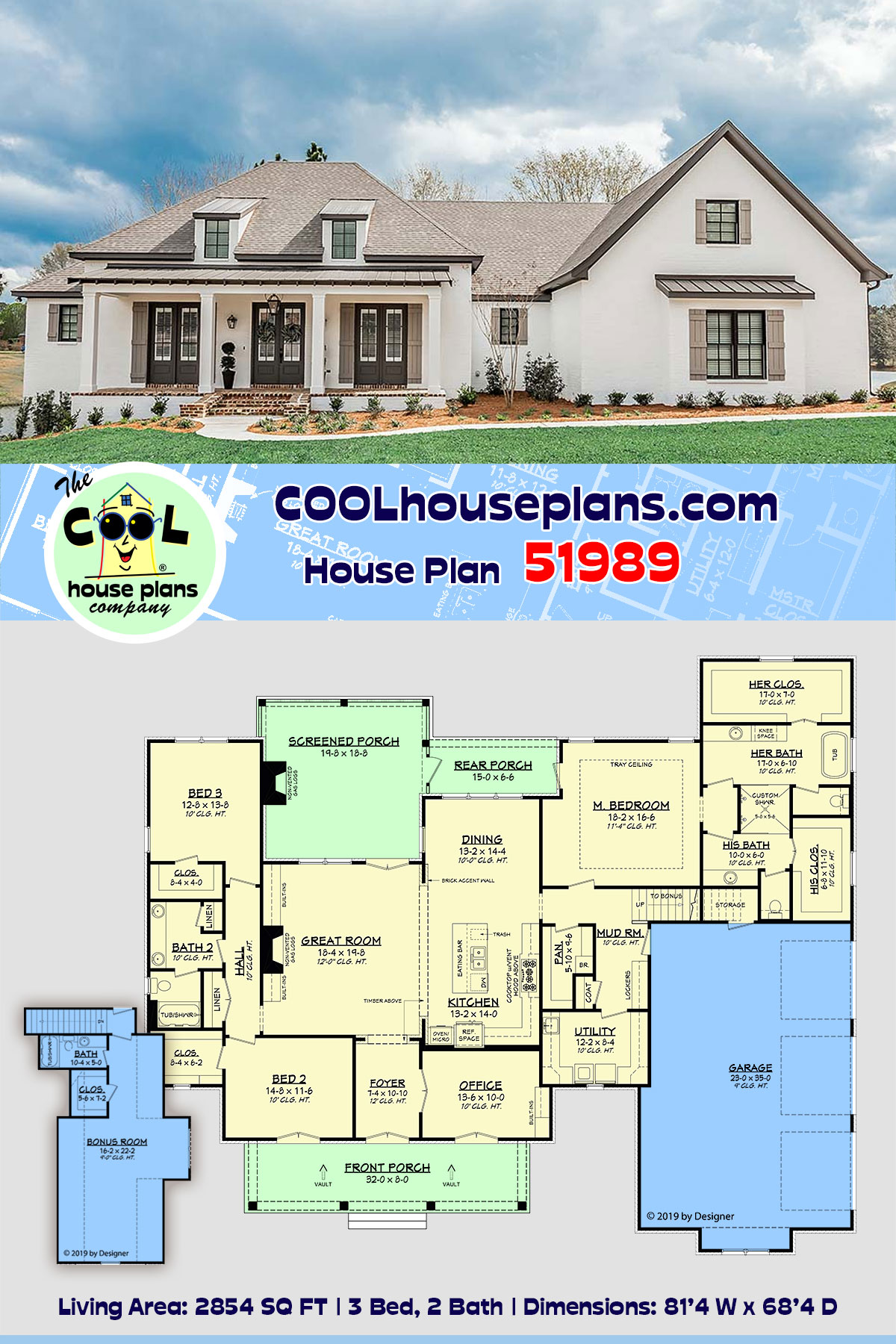 French Country, Southern House Plan 51989 with 3 Beds, 2 Baths, 3 Car Garage