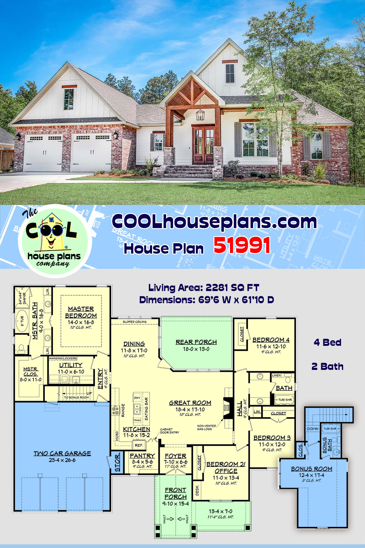 Country, Farmhouse, Traditional House Plan 51991 with 4 Beds, 2 Baths, 2 Car Garage