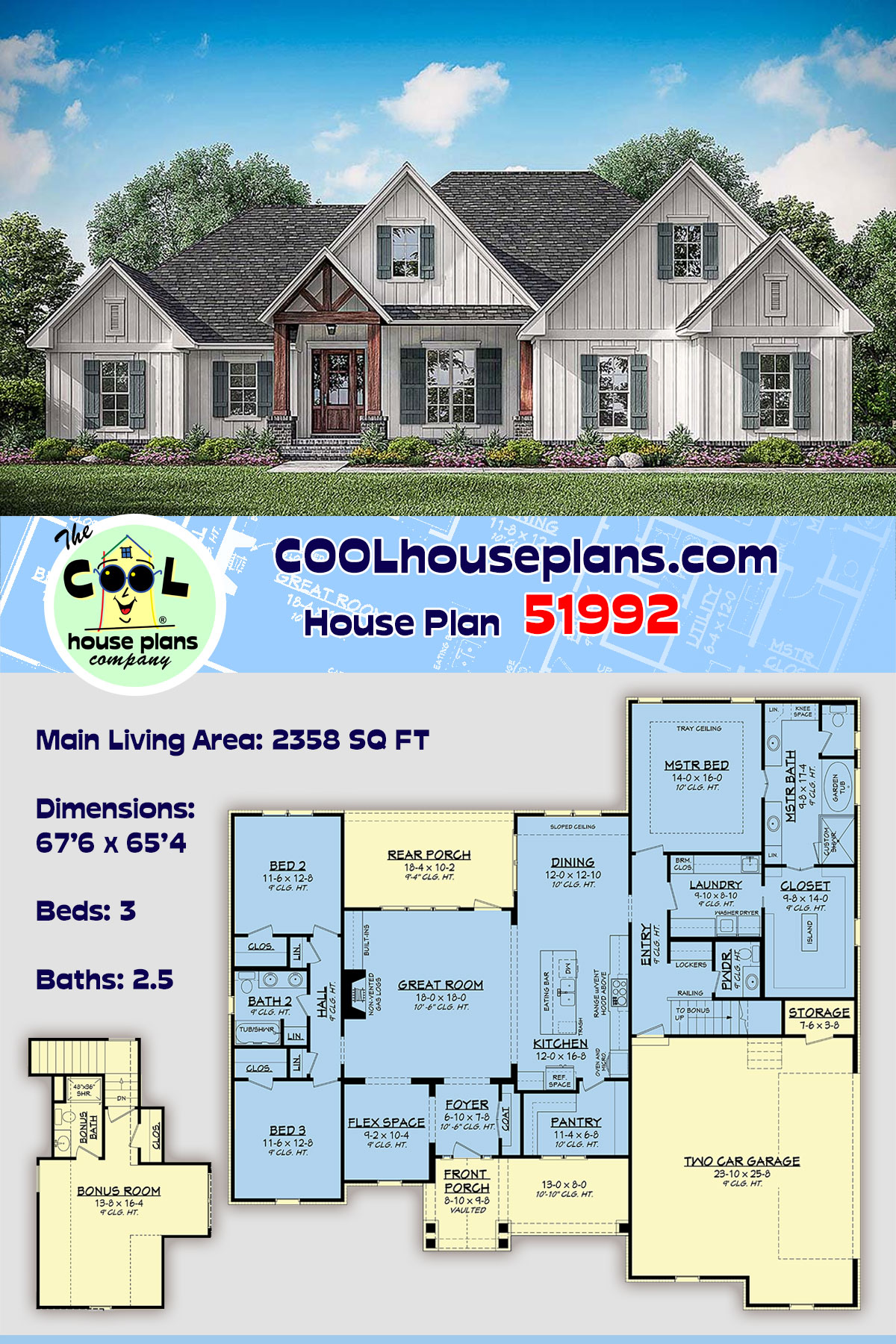 Country, Craftsman, Farmhouse House Plan 51992 with 3 Beds, 3 Baths, 2 Car Garage