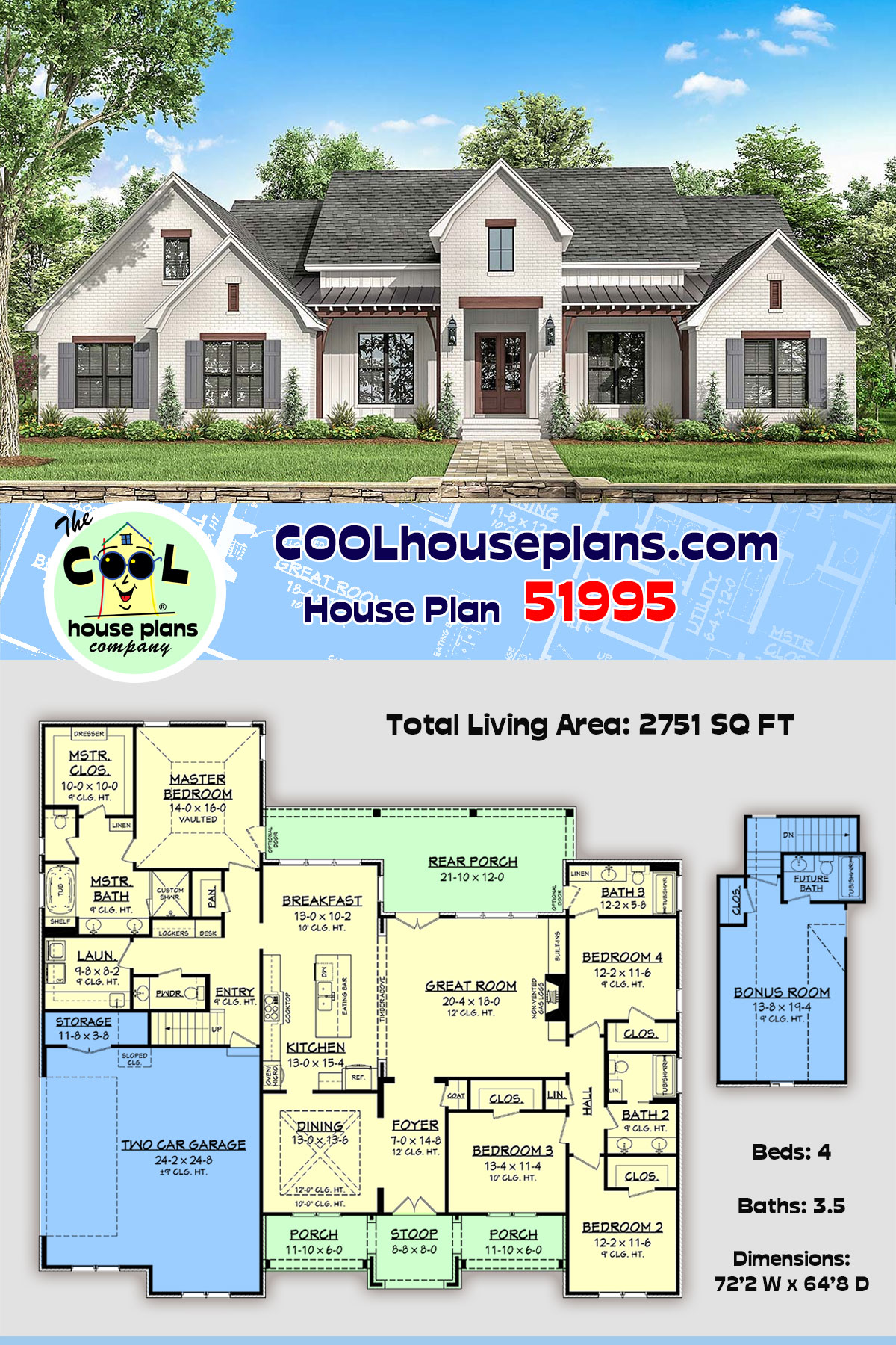 Country, Farmhouse, Traditional House Plan 51995 with 4 Beds, 4 Baths, 2 Car Garage