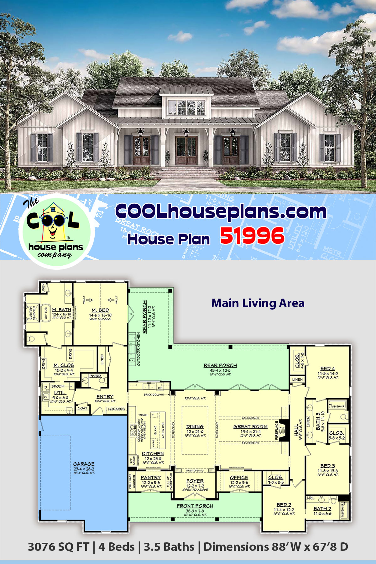 Country, Craftsman, Farmhouse House Plan 51996 with 4 Beds, 4 Baths, 2 Car Garage