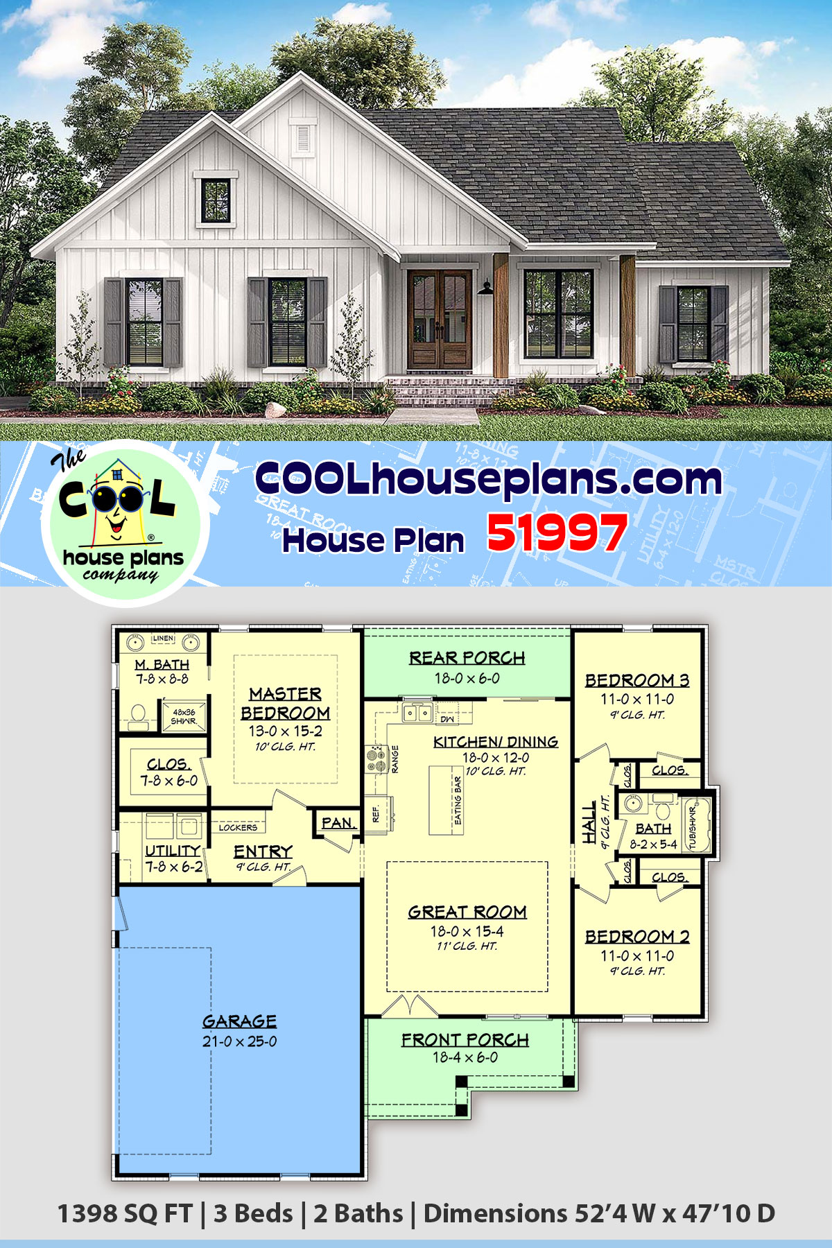 Country, Farmhouse, Southern, Traditional House Plan 51997 with 3 Beds, 2 Baths, 2 Car Garage