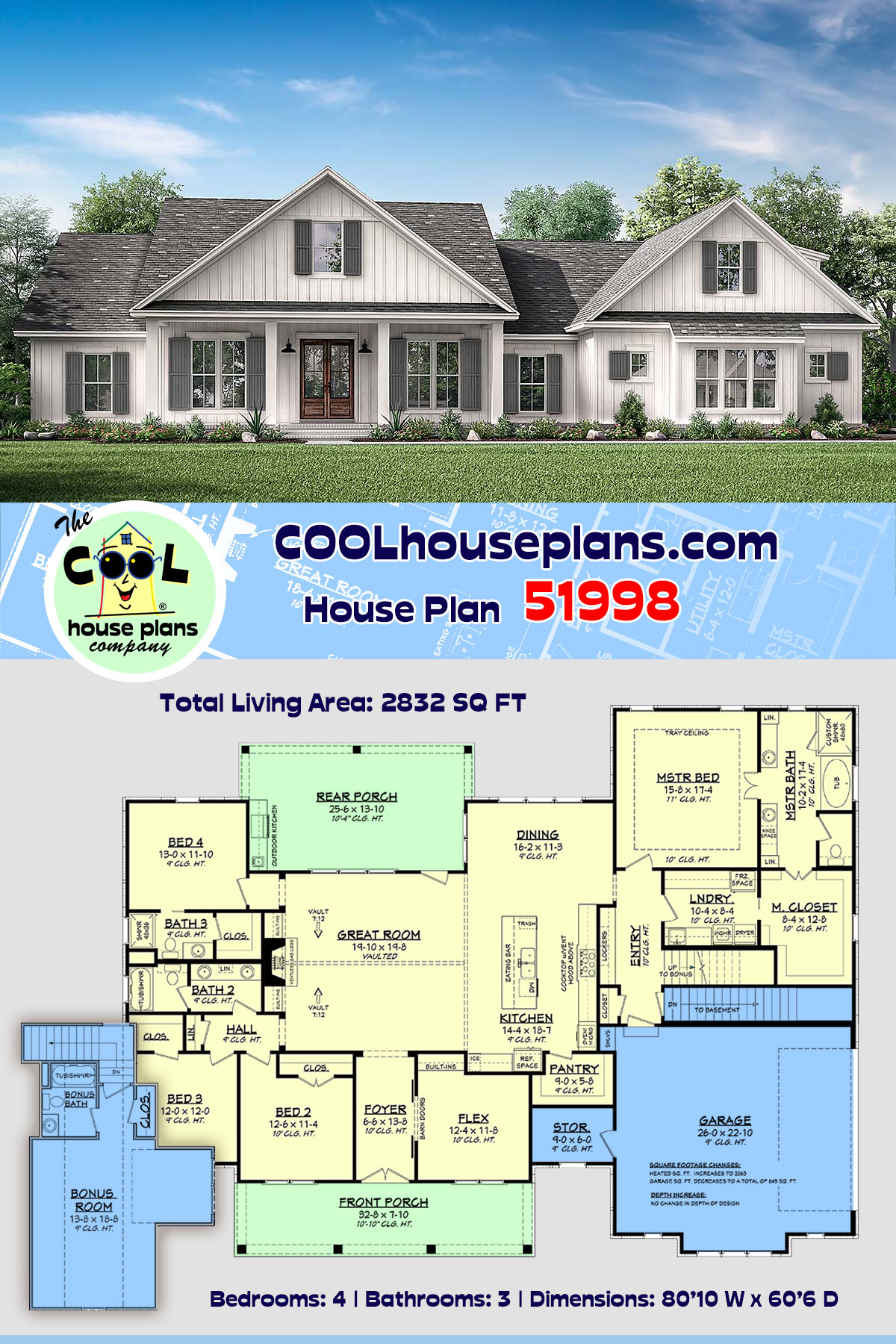 Country, Farmhouse, Southern House Plan 51998 with 4 Beds, 3 Baths, 2 Car Garage