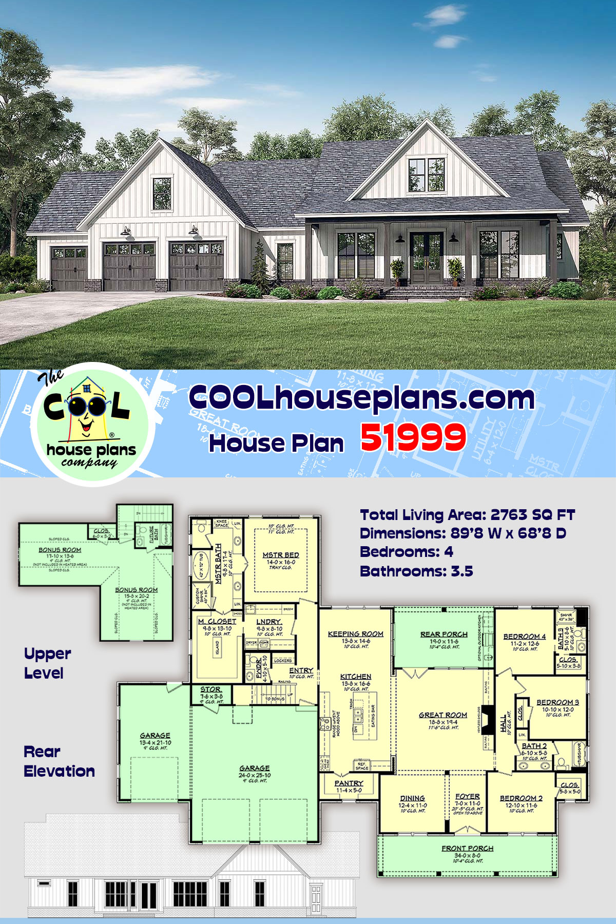 Country, Farmhouse, Southern House Plan 51999 with 4 Beds, 4 Baths, 3 Car Garage