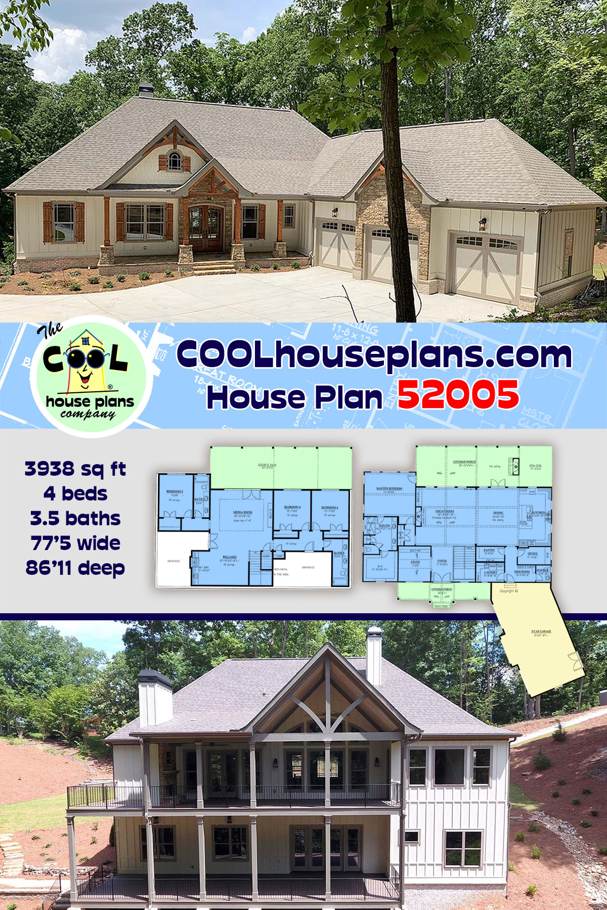 Country, Craftsman, French Country, New American House Plan 52005 with 4 Beds, 4 Baths, 3 Car Garage