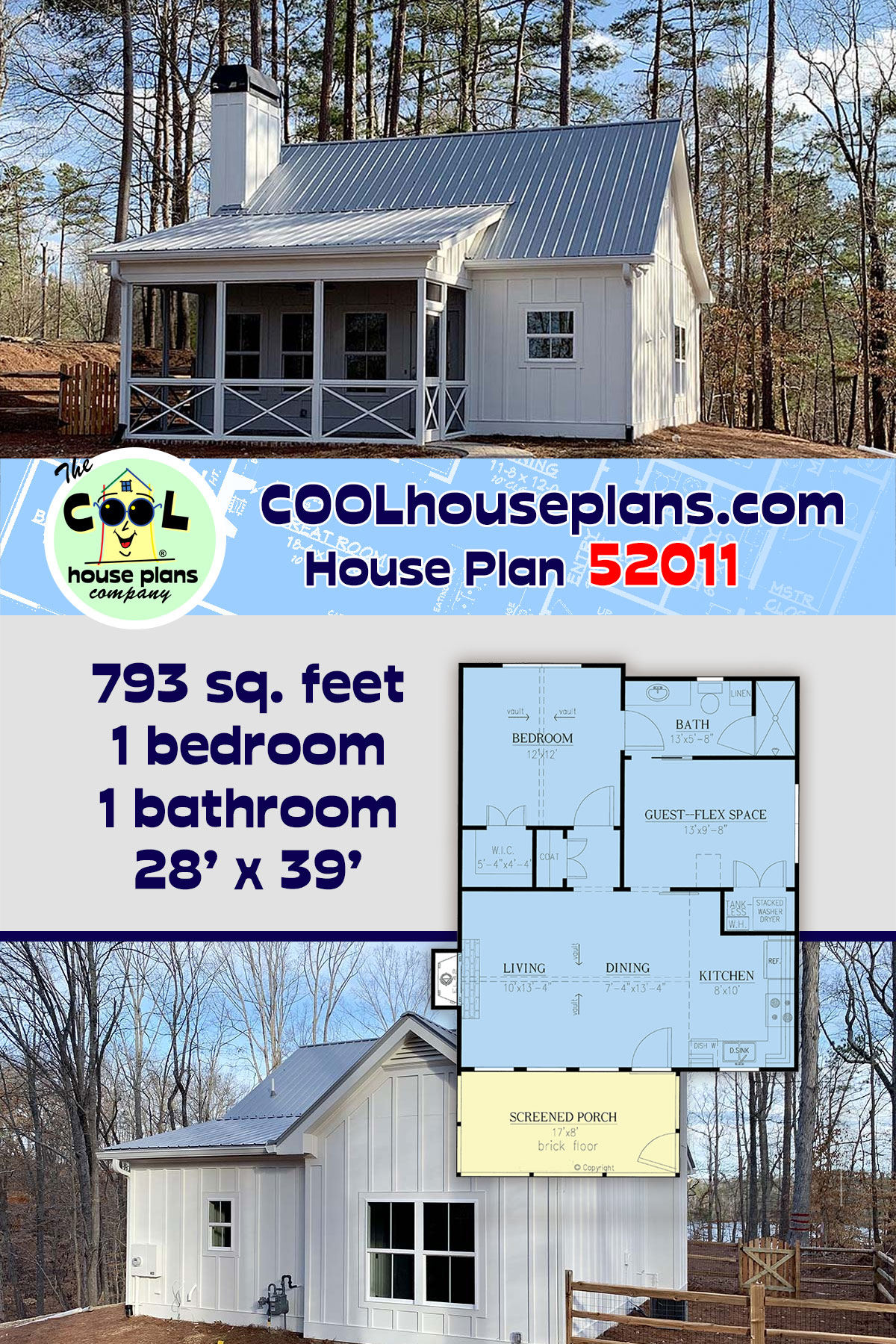 Cabin, Cottage, Country House Plan 52011 with 1 Beds, 1 Baths