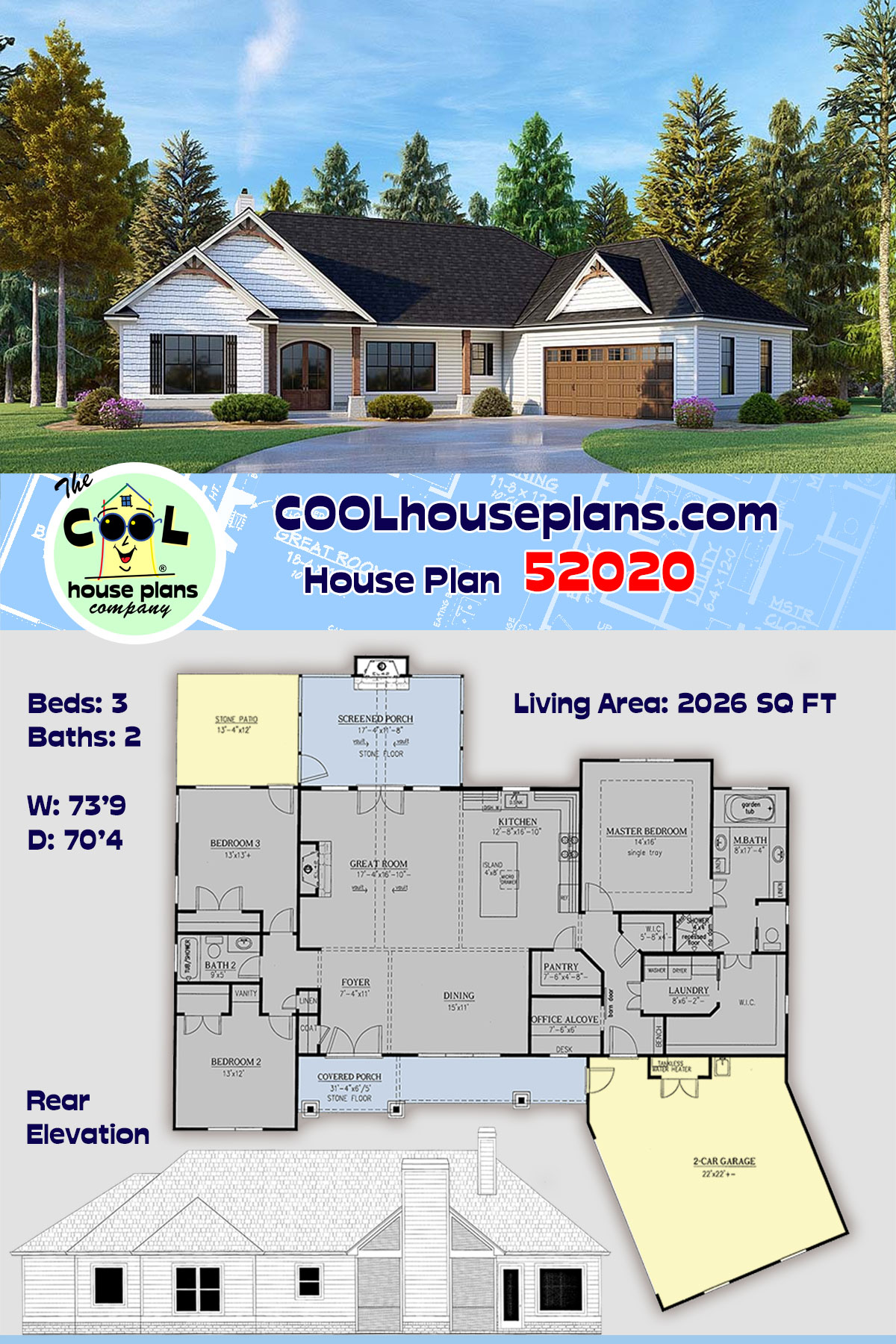 Craftsman House Plan 52020 with 3 Beds, 2 Baths, 2 Car Garage