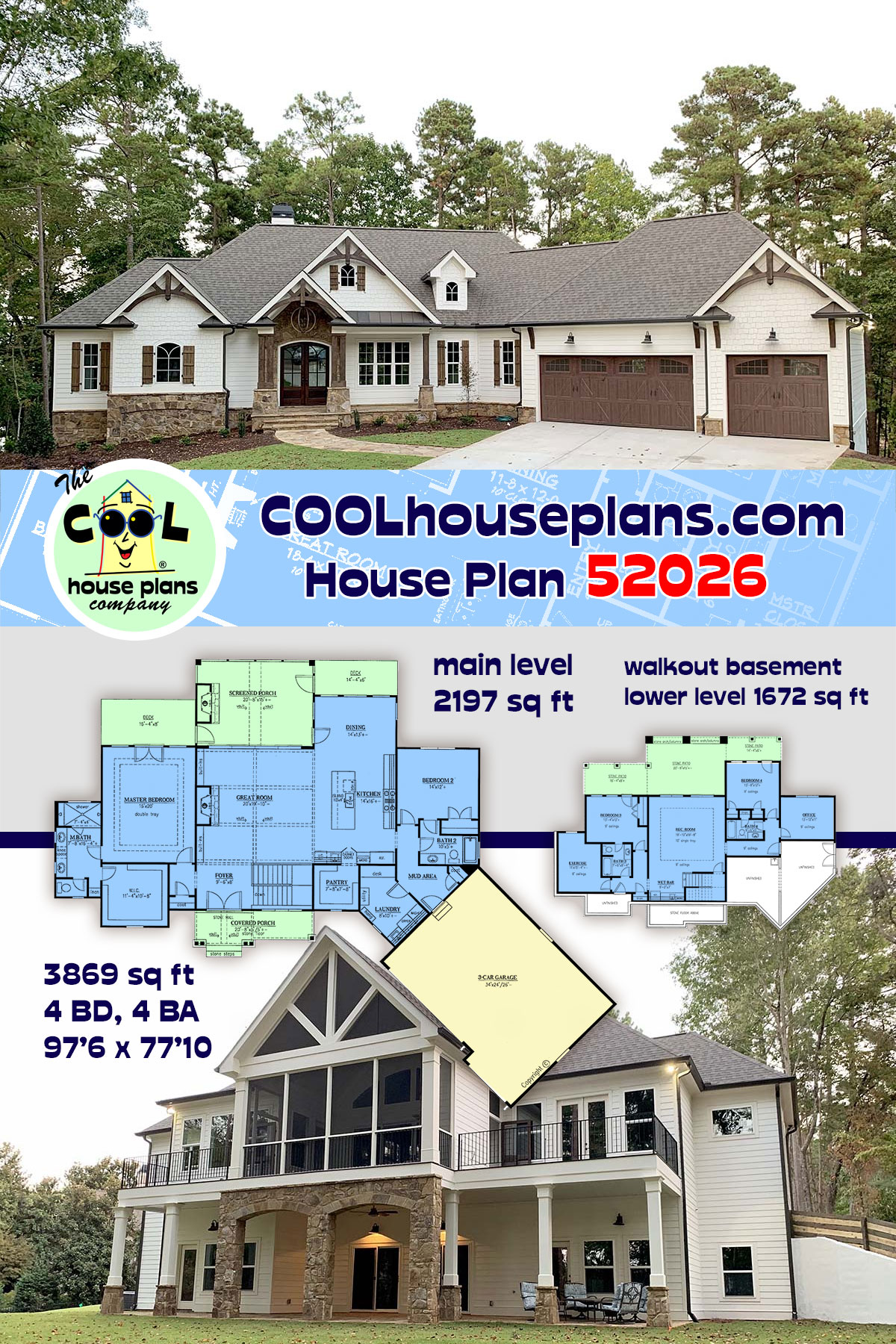 Cottage, Craftsman House Plan 52026 with 4 Beds, 4 Baths, 3 Car Garage