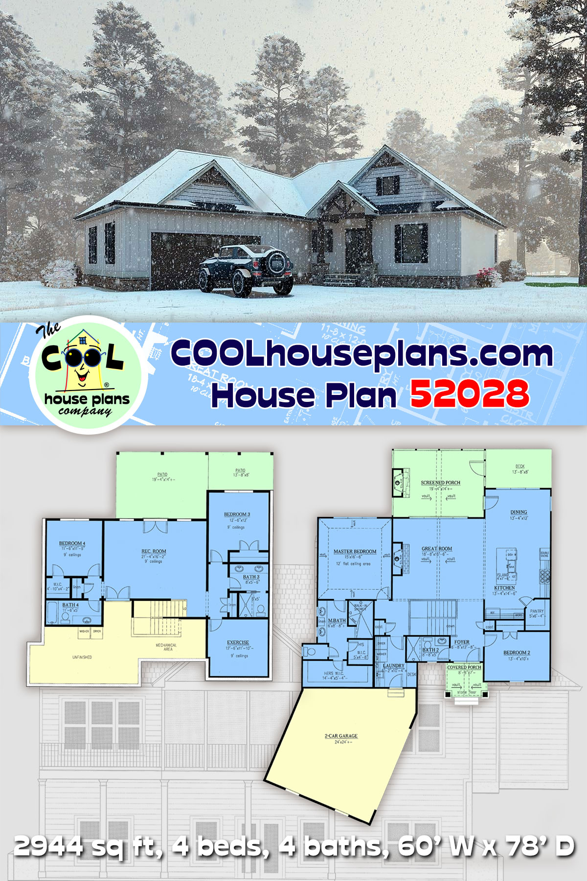 Craftsman, Farmhouse, One-Story House Plan 52028 with 4 Beds, 4 Baths, 2 Car Garage