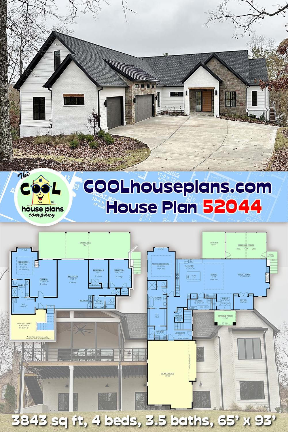 Contemporary, Farmhouse, Ranch House Plan 52044 with 4 Beds, 4 Baths, 3 Car Garage