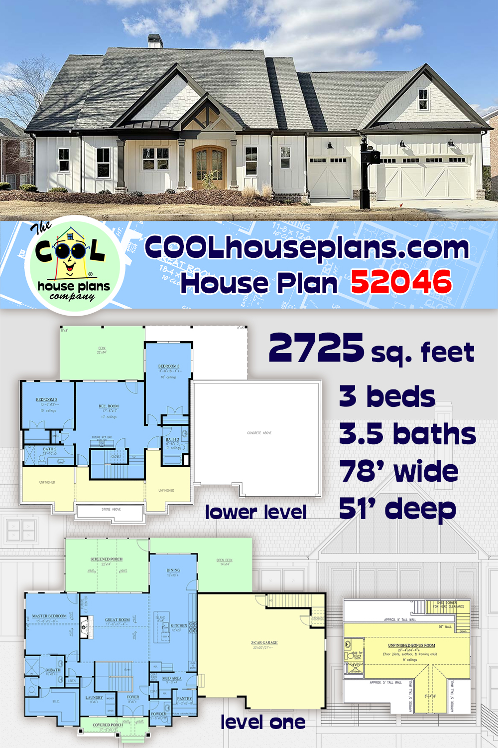 Contemporary, Craftsman, Farmhouse, New American House Plan 52046 with 3 Beds, 4 Baths, 3 Car Garage