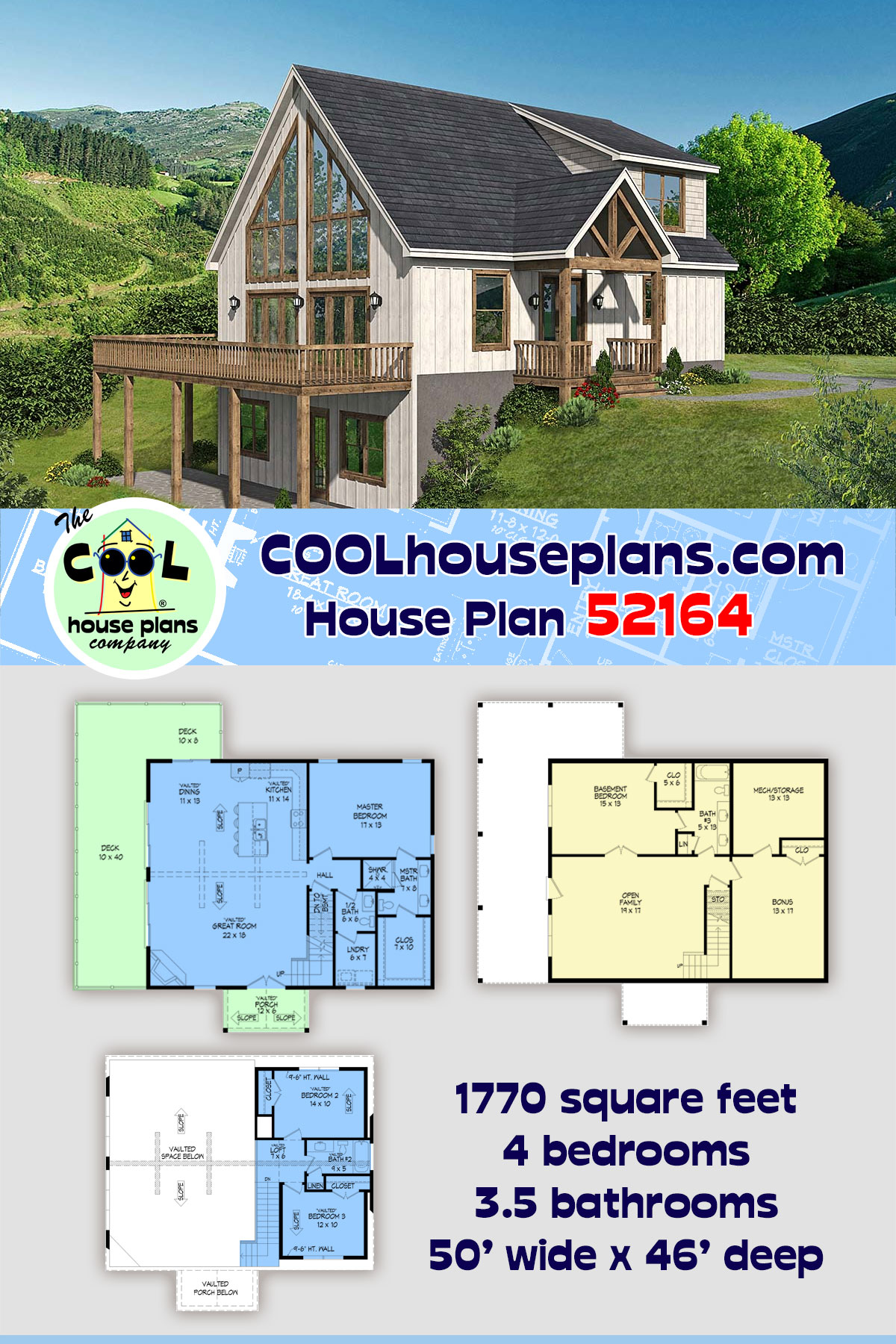 A-Frame, Contemporary, Country, Farmhouse, Ranch House Plan 52164 with 4 Beds, 4 Baths