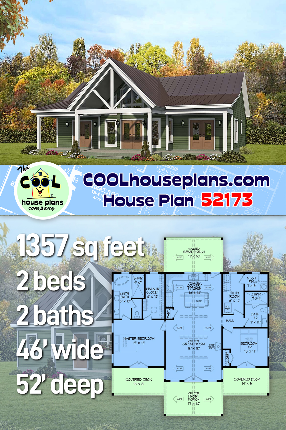 Contemporary, Ranch, Traditional House Plan 52173 with 2 Beds, 2 Baths